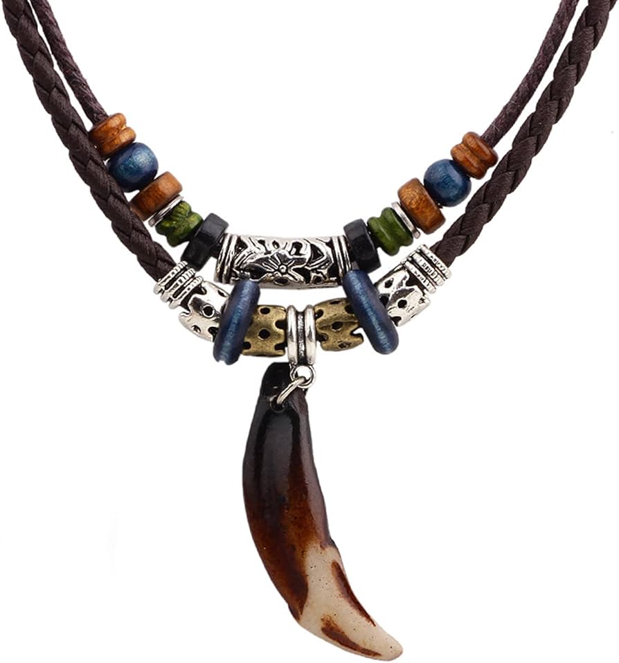 Nawwgy Leather Tribal Necklace for Women Men Vintage Ethnic Wood