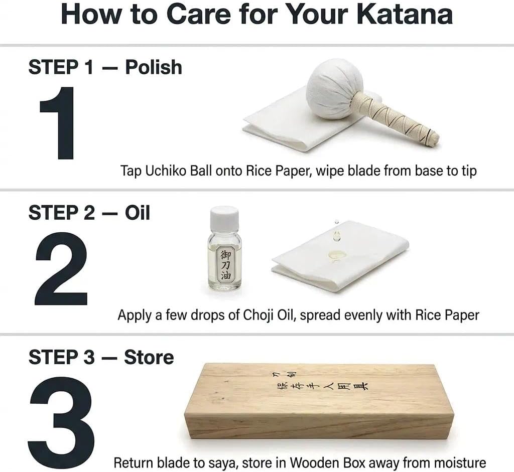 Katana Cleaning and Maintenance Kit with Choji Oil, Uchiko Ball, Rice Paper and Care Tools
