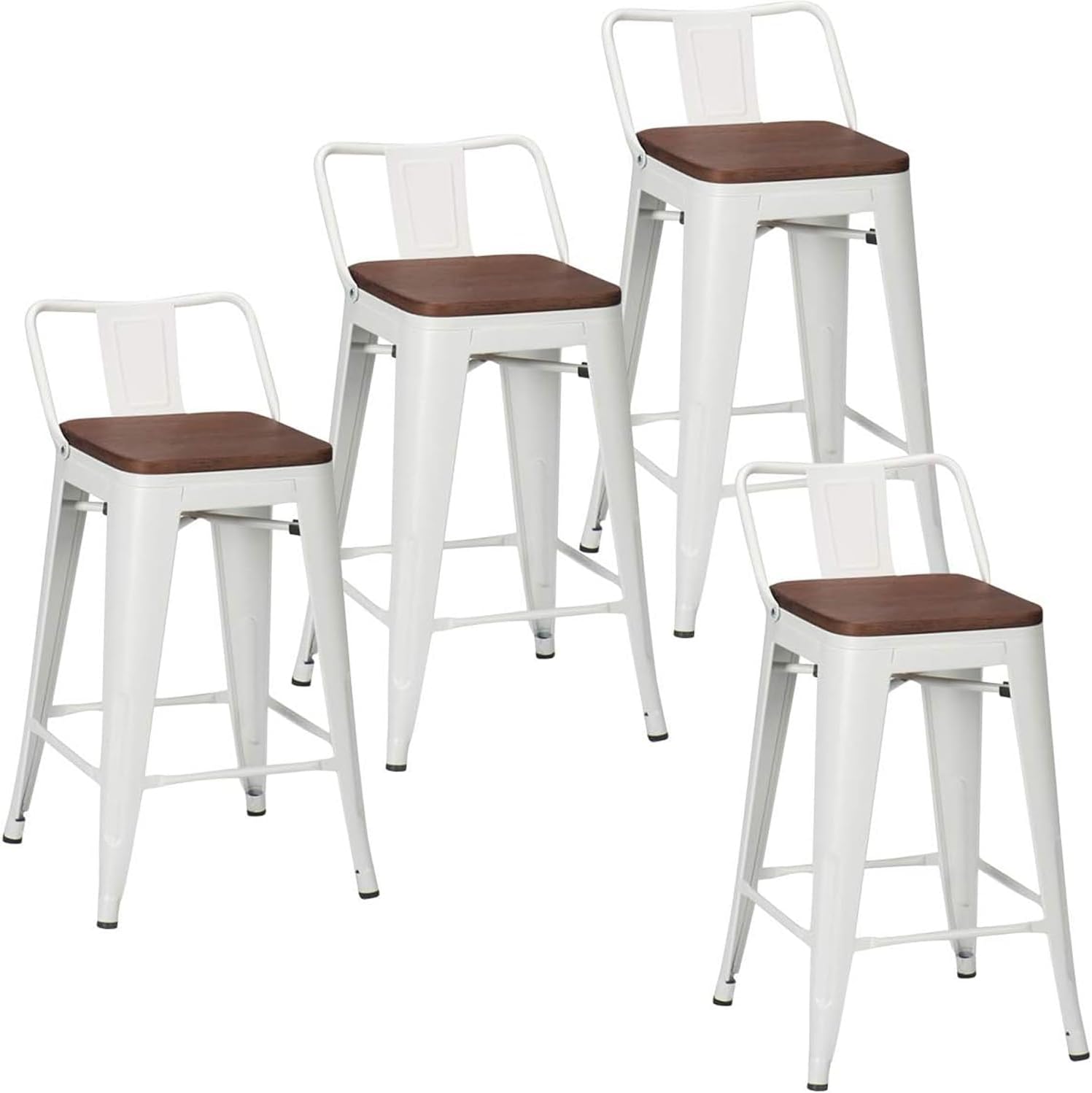 24 Inch Bar Stools Set of 4 Industrial Metal Barstools Counter Height Bar Stool with Backs for Home Kitchen (24 inch, White)