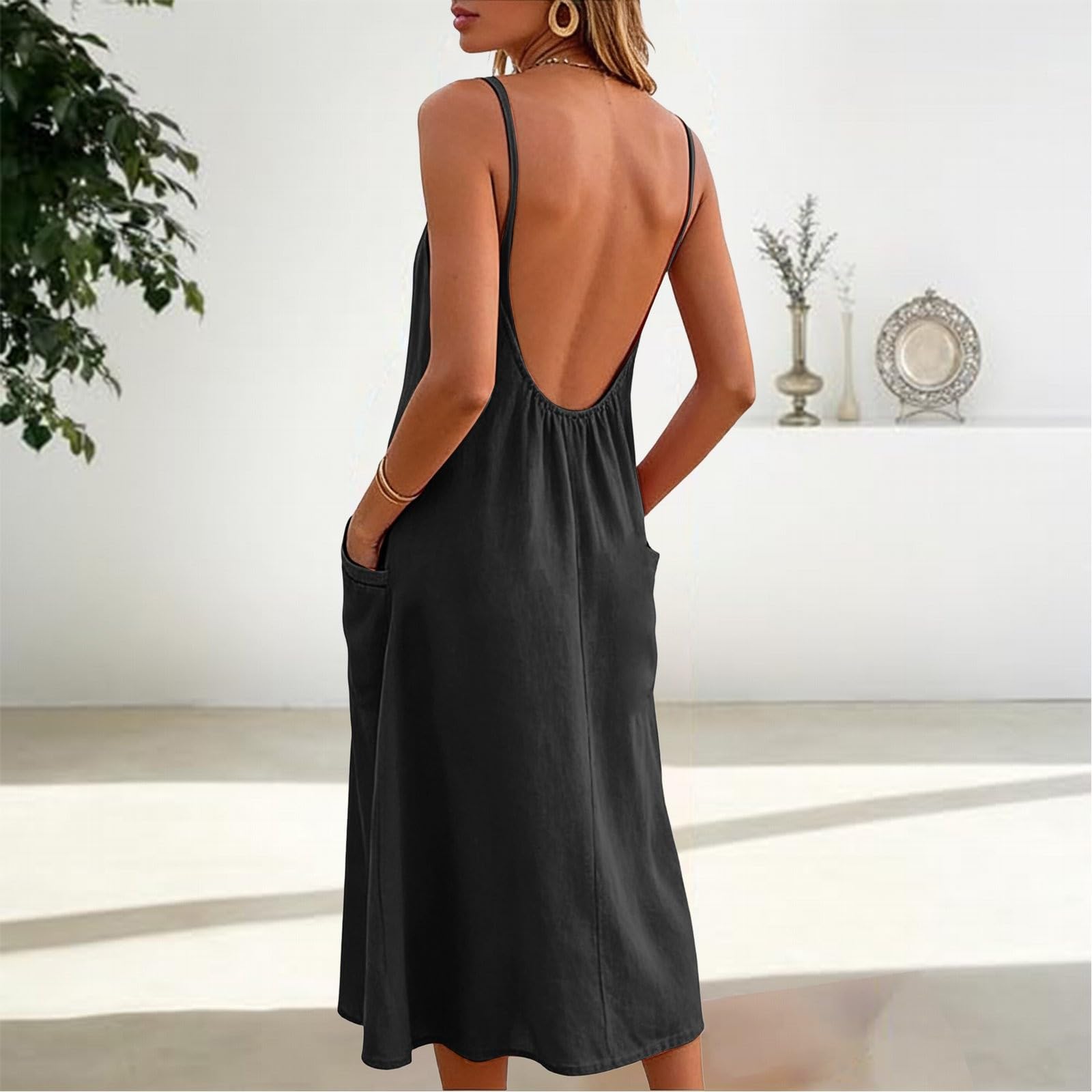Vestido largo de espalda descubierta mujer elegante tirantes finos maxi vestidos | Vestido de verano para mujer, a la moda, color liso, sin mangas, suelto, con bolsillos, vestido de verano
