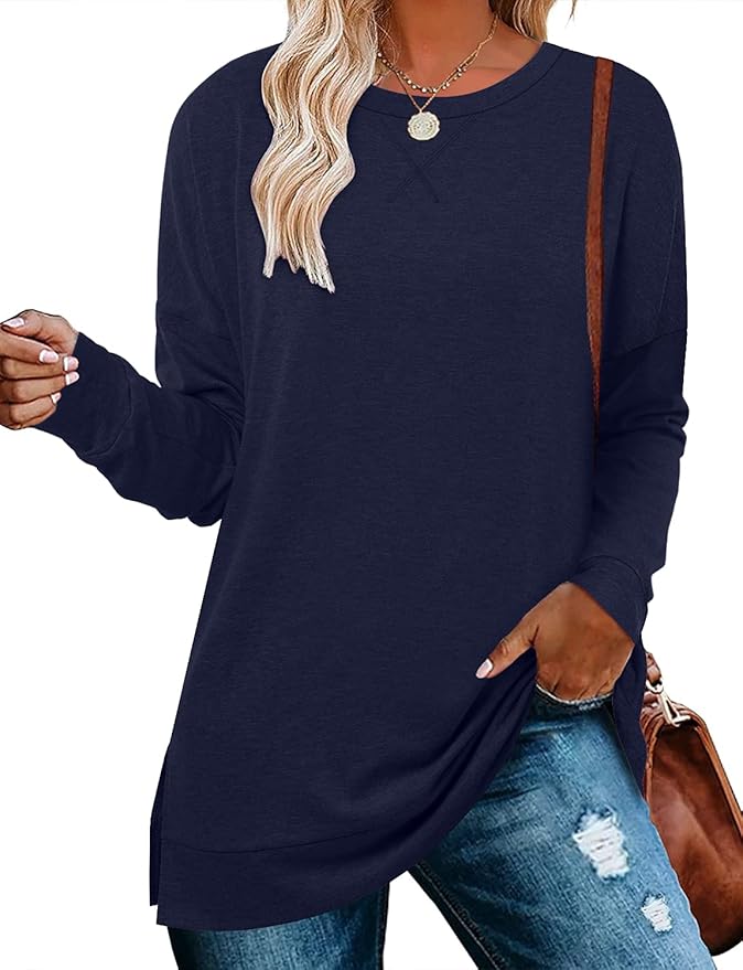 BETTE BOUTIK Women's Drop Long Sleeve Sweatshirts Casual Crewneck Tunic Tops Sweartshirts With Side Slits S-3XL