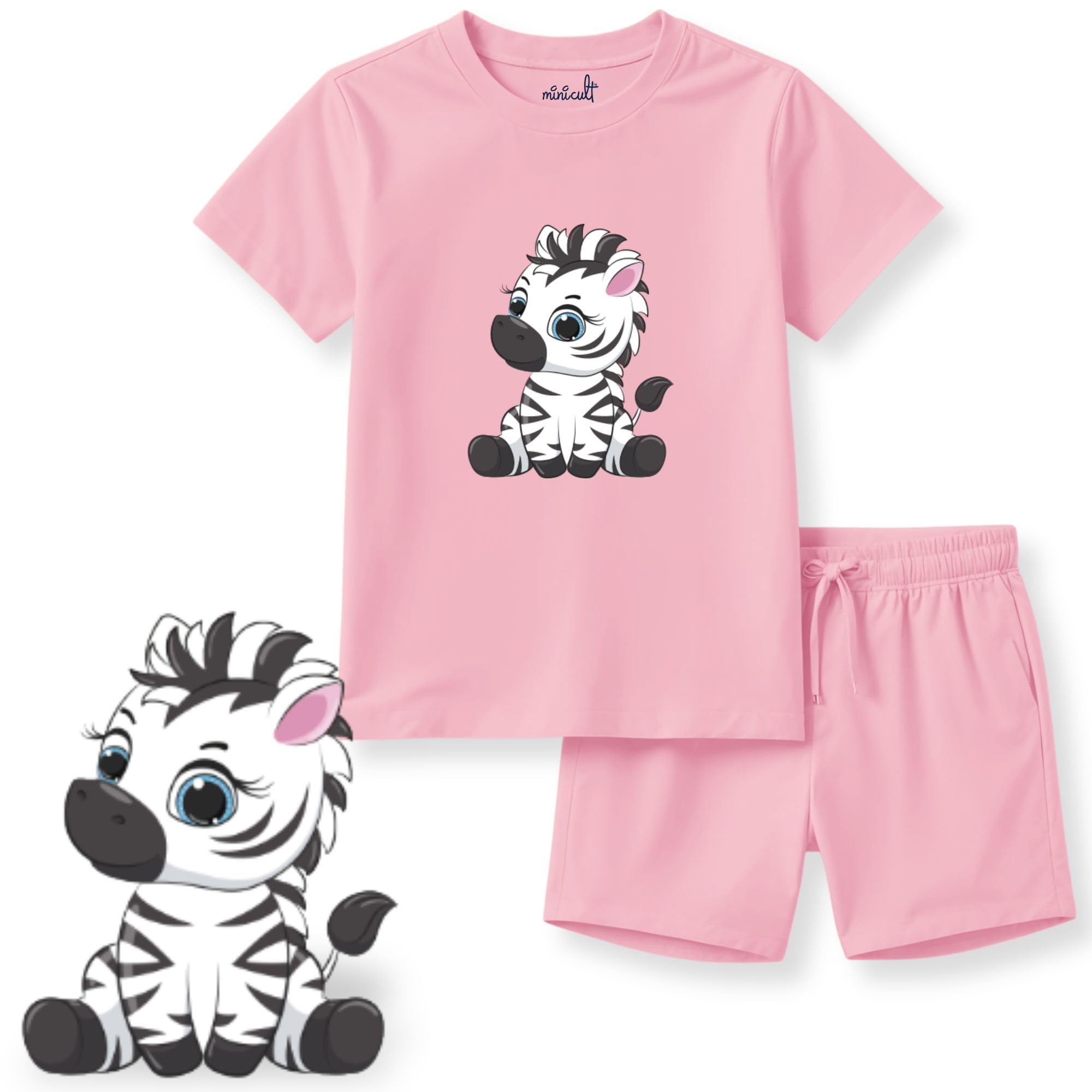 minicult kids Cotton Shorts with matching Tshirt Coord clothing set with cute Prints (Pink Zebra)(6-9 MTS) - Image 2 thumbnail