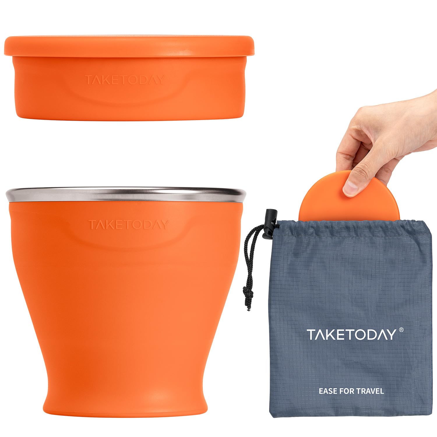 TakeToday Zusammenklappbarer Reisebecher 240 ml – Silikon-Faltbecher, Trinkbecher-Set für Camping, Outdoor, Orange