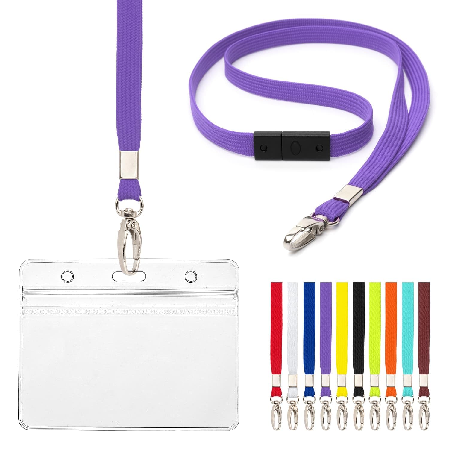 Lanyard with Card Holder 10 Pcs Breakaway Safety Neck Lanyards with Grip Seal Clear Waterproof Holders ID Name Tag Plastic Wallet Badges for Work ID Business Events Holds 9 x 6.8cm (Purple)