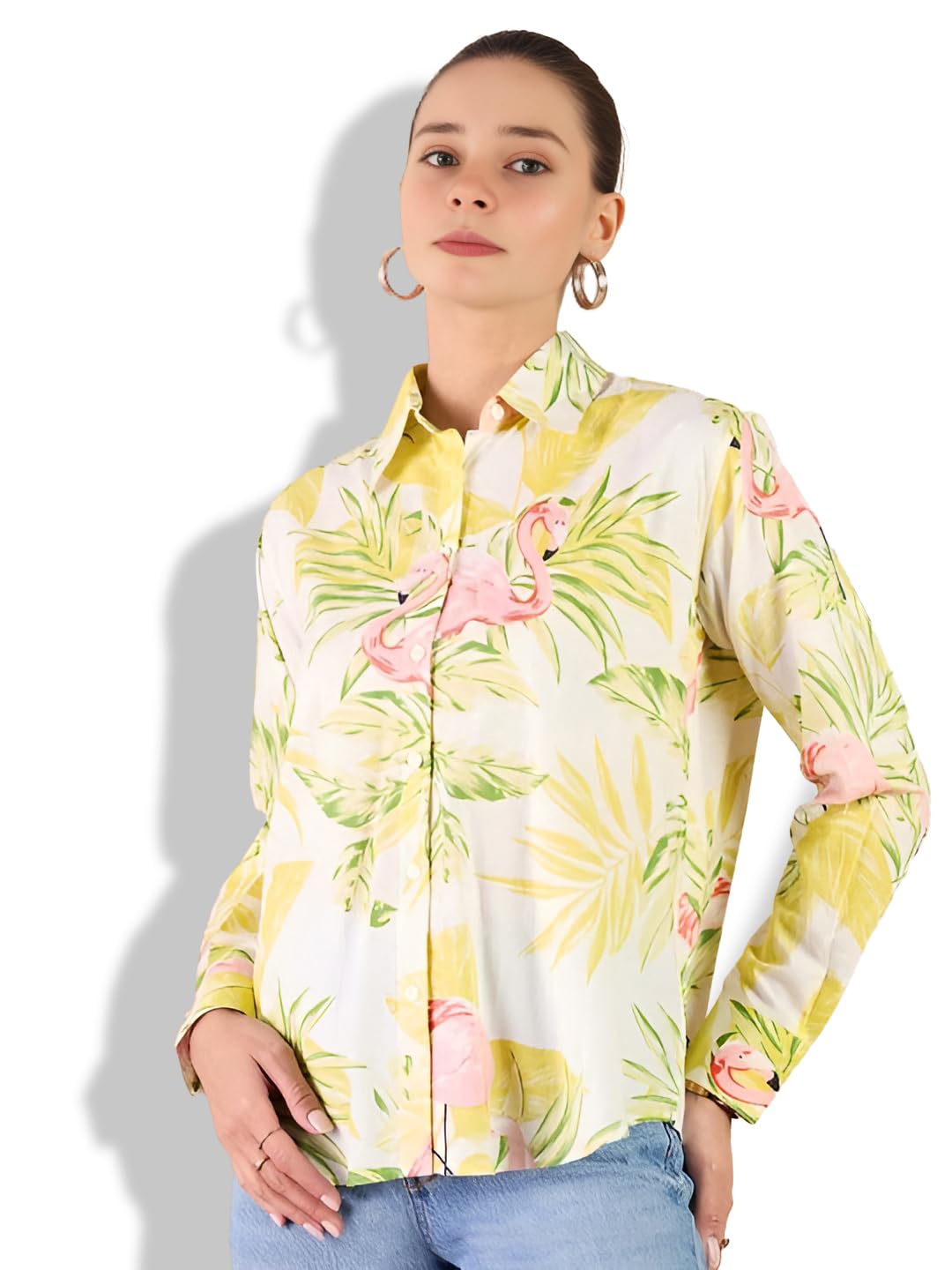 VOGARD Women's Tropical Flamingo Print Shirt – Lightweight Long Sleeve Button Down Blouse, Casual Vacation Summer Top
