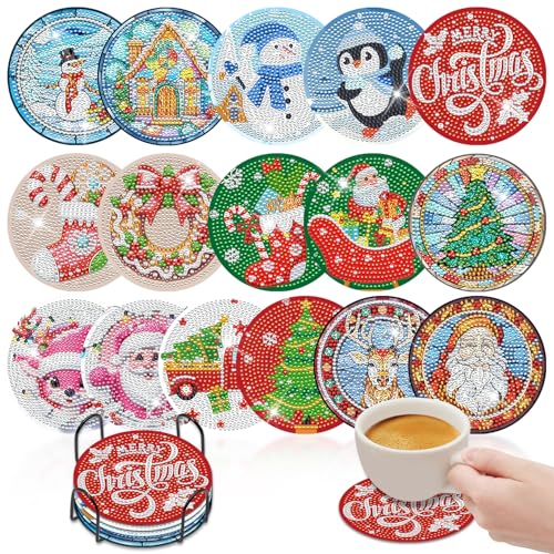 16 Pezzi Sottobicchieri Diamante con Supporto,Diamond Painting Sottobicchieri Natalizi,Sottobicchiere Dipinto a Diamante,di Sottobicchiere Fai da te,Set con Pittura per Adulti,Bambini