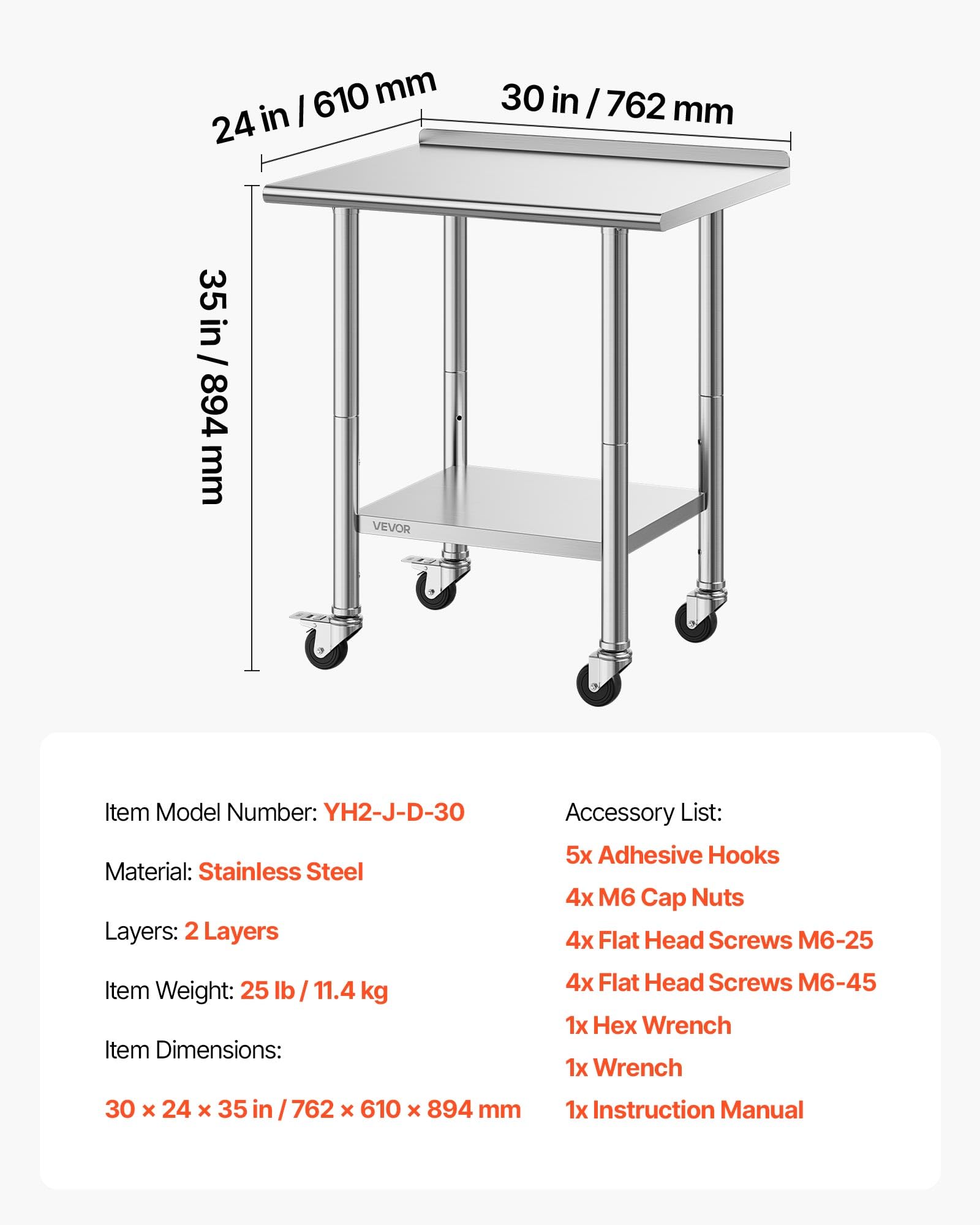 VEVOR Mesa de Trabajo de Acero Inoxidable 2 Niveles, Mesa de Preparación con Ruedas 76,2 x 61 x 89,4 cm, Estante Inferior Ajustable, Protector contra Salpicaduras, para Restaurantes, Bares, Hoteles