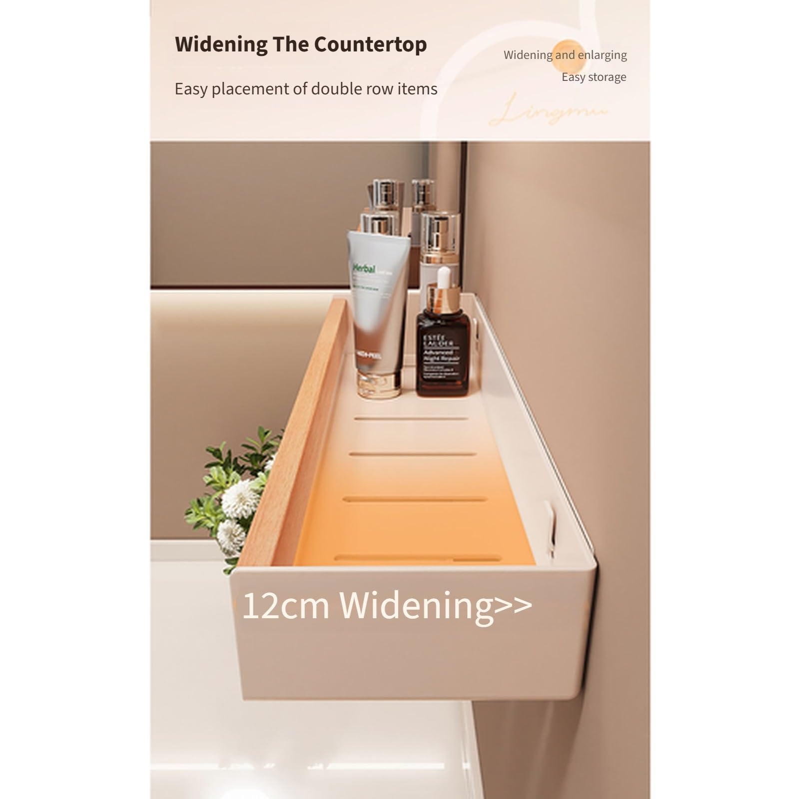 Badezimmer Wandregal ohne Bohren, Duschablage aus Kohlenstoffstahl mit Holzoptik, Wandorganizer mit Absturzsicherung, abnehmbares waschbares Fach, für Bad, Küche, Mietwohnung(White,40CM)