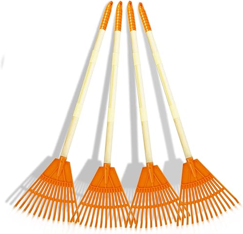 POMIKU Rastrillos para niños 4 rastrillos de césped resistentes de 31 pulgadas para hojas rastrillos de plástico de tamaño infantil con mango de