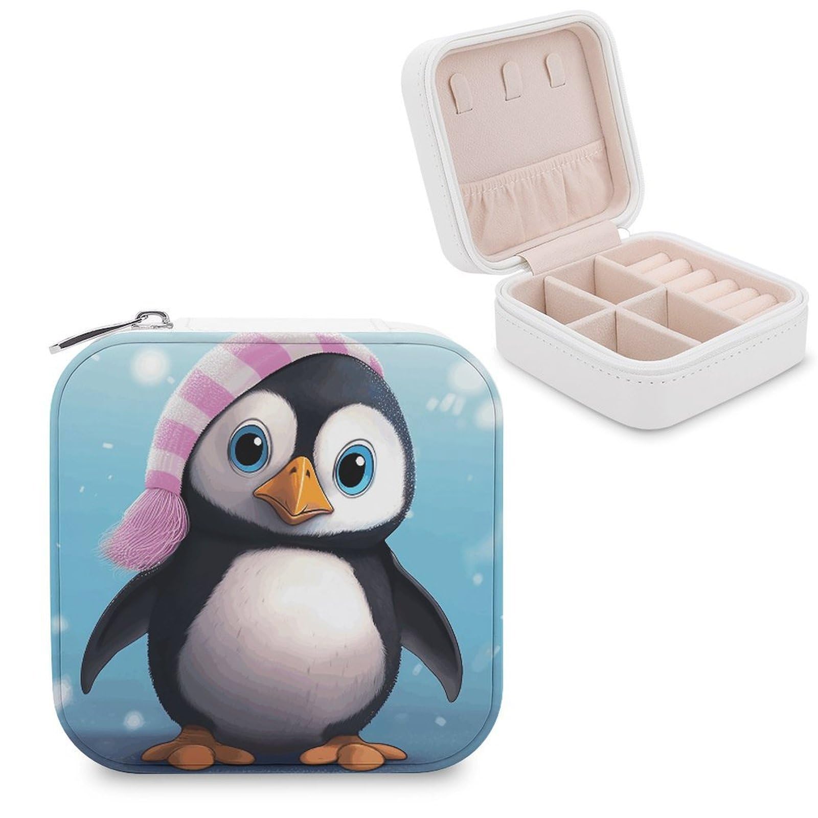 JTREHY Lovely Penguin Jewelry Box Personalized PU Jewelry Box Exquisite Jewelrys Organizer Case Small Portable Jewellery Storage Holder for Rings Earrings Necklaces Gifts