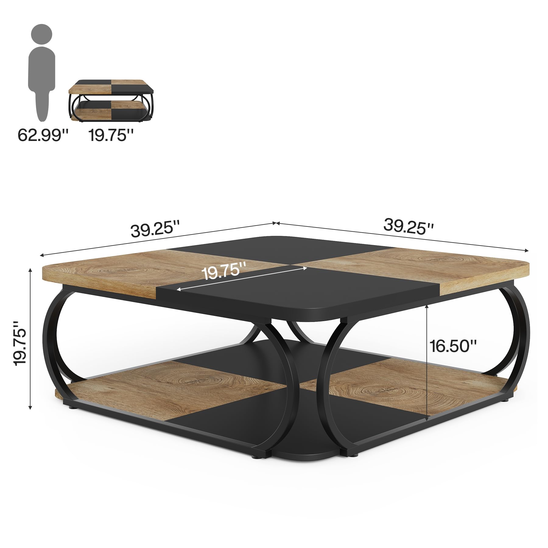 Tribesigns Tavolino da Salotto Quadrato, 100 x 100 x 50 cm, Tavolino in Legno, Tavolino da Salotto Industriale, Marrone Luce Nera