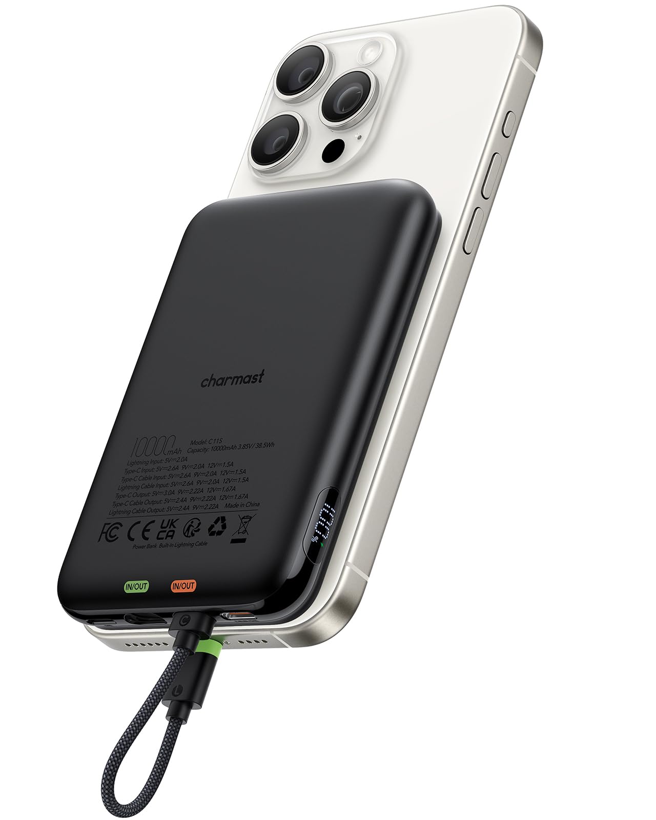 Charmast Power Bank 10000mAh con Cavi Integrati Leggero Powerbank PD 20W Ricarica Rapida USB C Caricatore Portatile Antiscivolo con LED Display per iPhone Huawei Watch