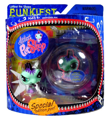 Hasbro Year 2007 Littlest Pet Shop Special Edition Pet PUNKIEST Series Bobble Head Pet Figure Set - Punk IGUANA with Necklace and Show-Off Bubble Display Case (64053)
