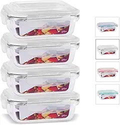 KIT 4 Potes de Vidro Retangular com Tampa Hermética 370ml Cor:Branco (QH)