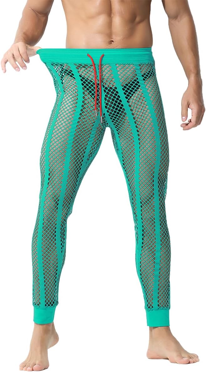 YINYOUYU Men's Fishnet Pants Drawstring Mesh See Through Bottoms Leggings Muscle Long Pants