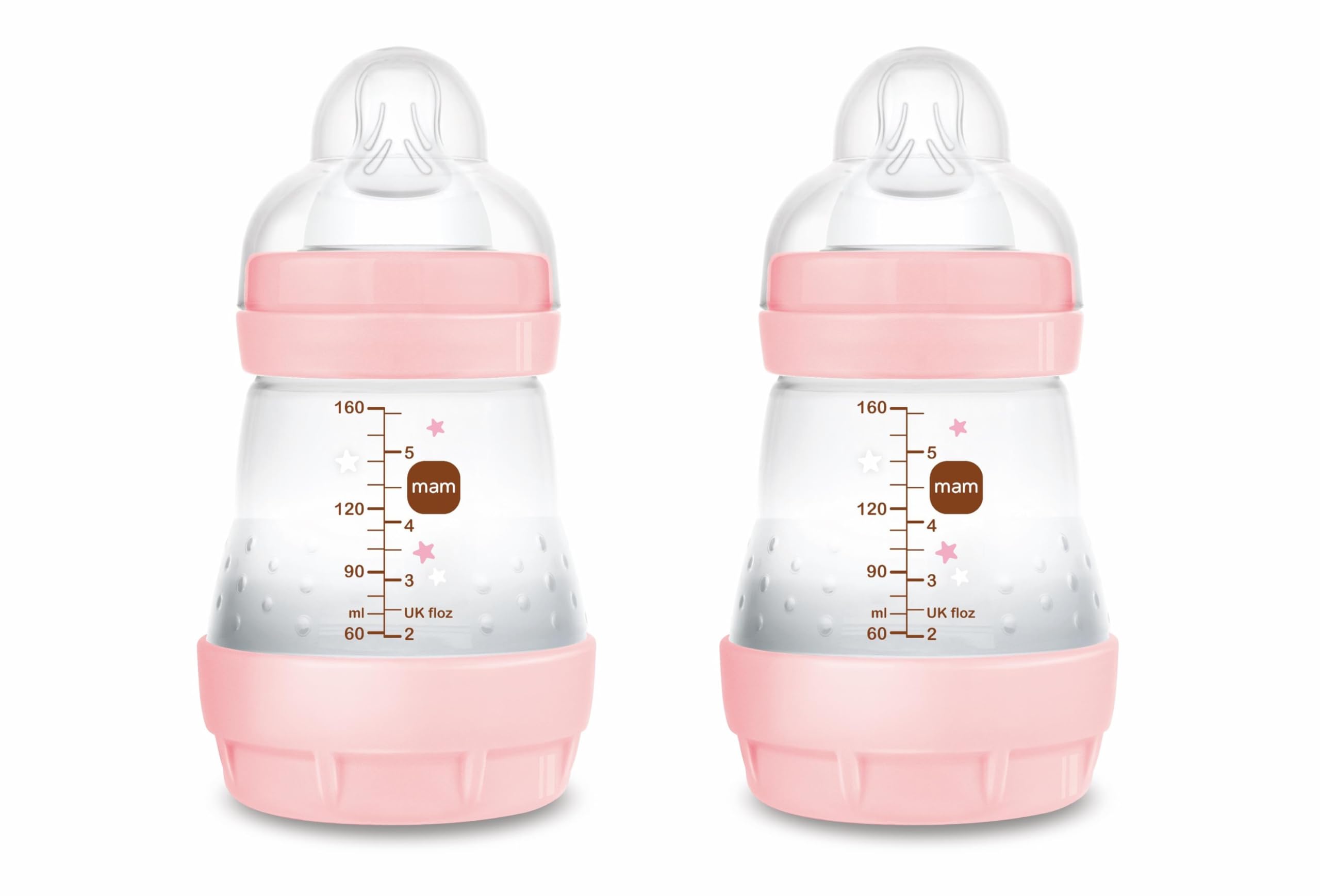 MAM Pack 2 Biberones Anticólicos, Recién Nacido, 0-2 Meses, 160ml, con Tetina 1 Flujo Lento de Fácil Aceptación, Autoesterilizable y Fácil de Limpiar, MAM Easy Start Anti-Colic, Rosa Brillante, 2uds