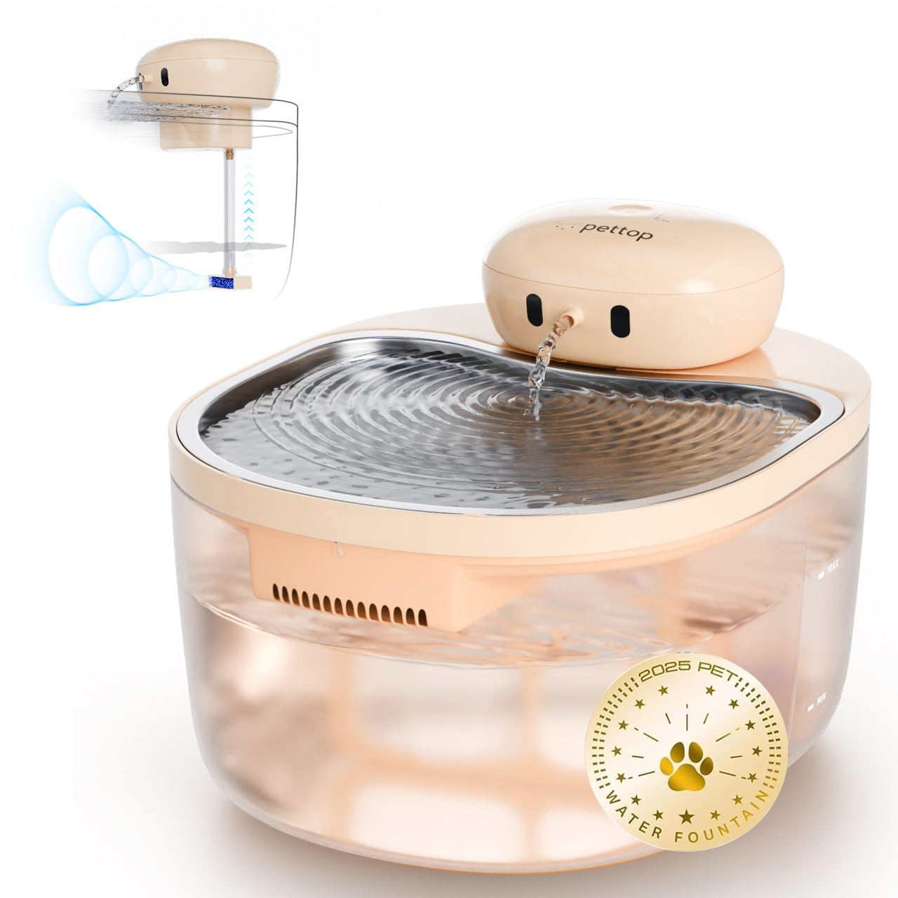 PetTop® Pumpless Cat Water Fountain - 102oz/ 3L - Stainless Steel Tray – 3600mAh Battery Operated with Motion Sensor - The Easiest to Clean