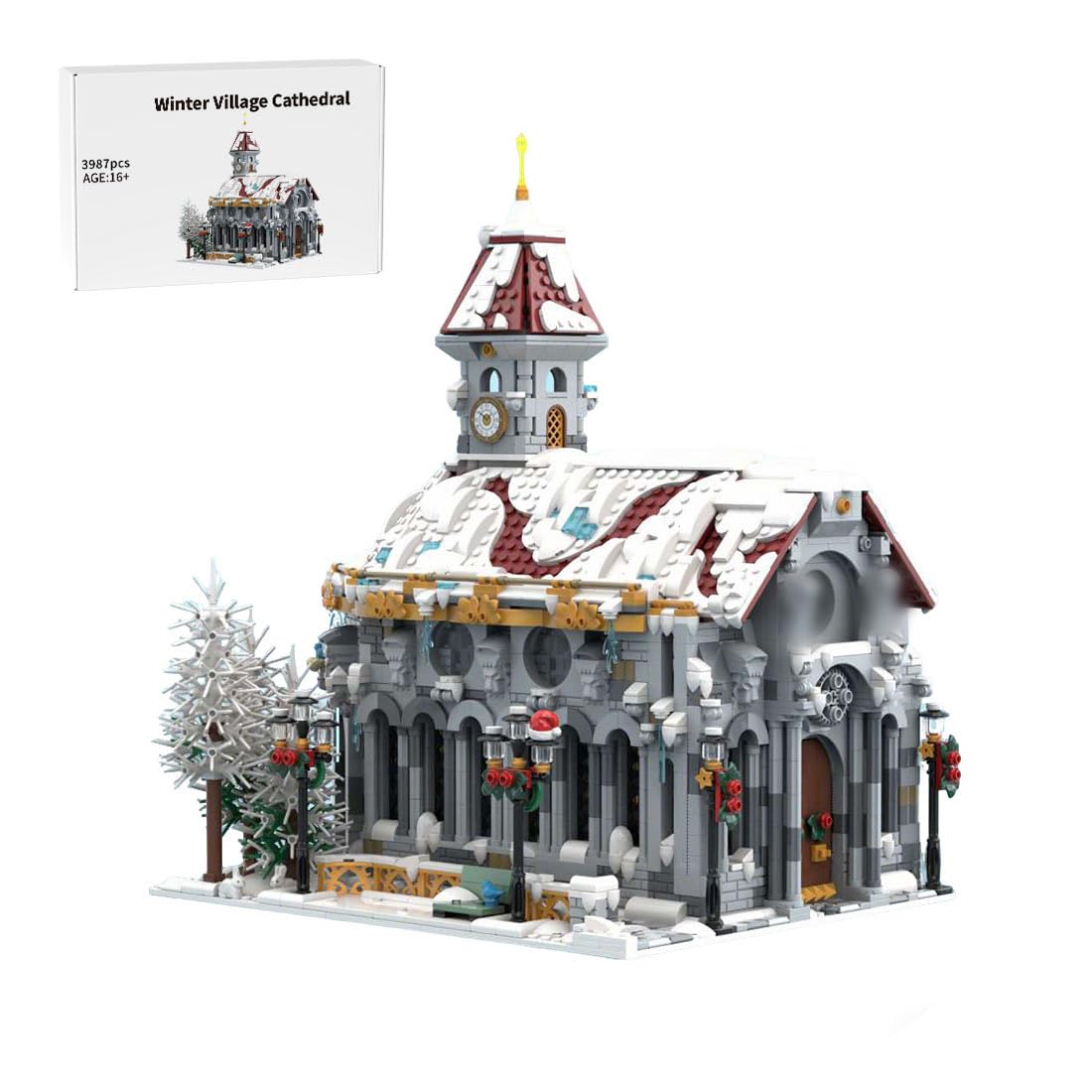 Winterdorf Kathedrale Architektur Bausteine mit verschneiten roten Dach, Uhrenturm, Weihnachten Modulares Haus Bau Gebäude Geschenke für Erwachsene zum Bauen, 3987 Teile Modulare Gebäude MOC-23856