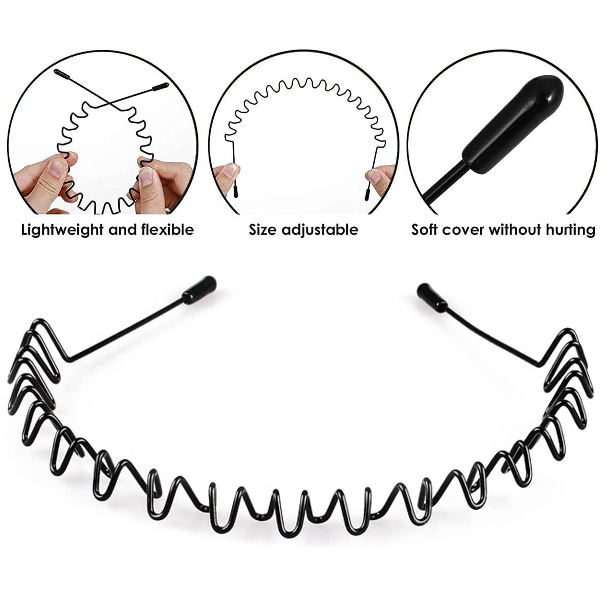 3-Pack Metal Headbands for Men & Women - Zig Zag & Wavy & Wide teeth Hair Bands for All Hair Types - Safe Ball-End Tips & Thickened Electroplating - Slicked Back Hair Styling Accessories