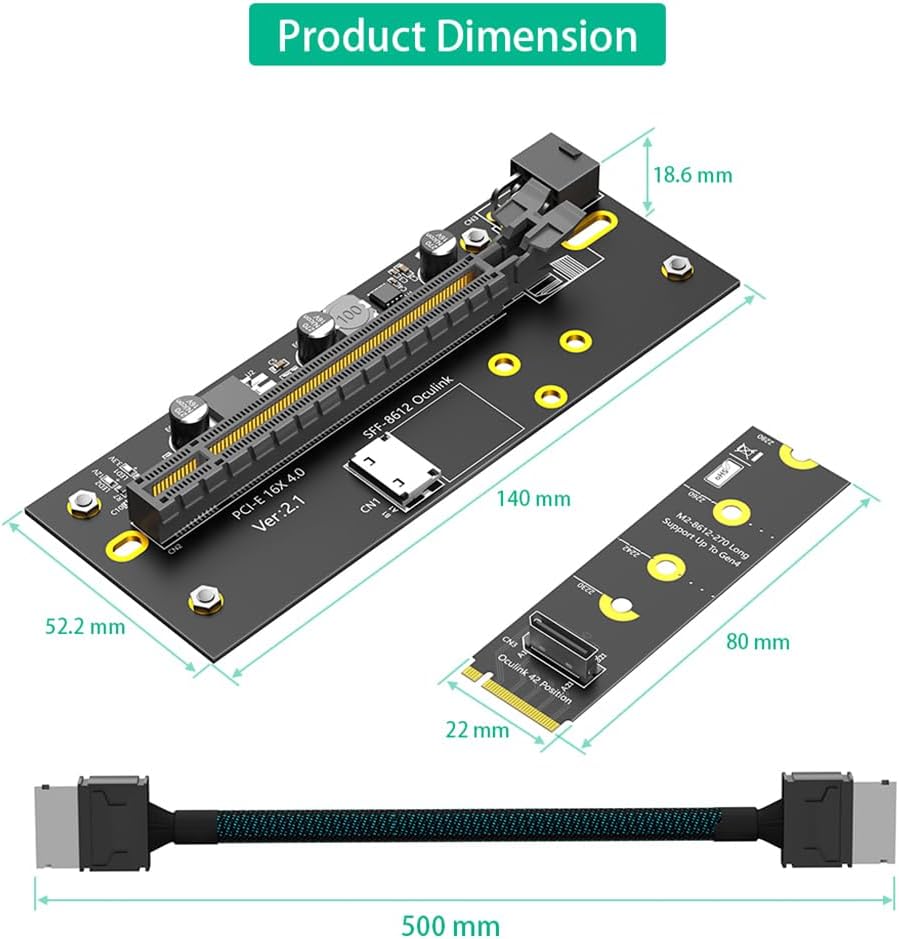JMT M.2 M-Key 2280 to PCI-e 4.0 X16 Extension Card 32G/BPS with Oculink SFF-8612 Cable 50cm Compatible with M.2 NVMe 2230 2242 2260 2280 SSD