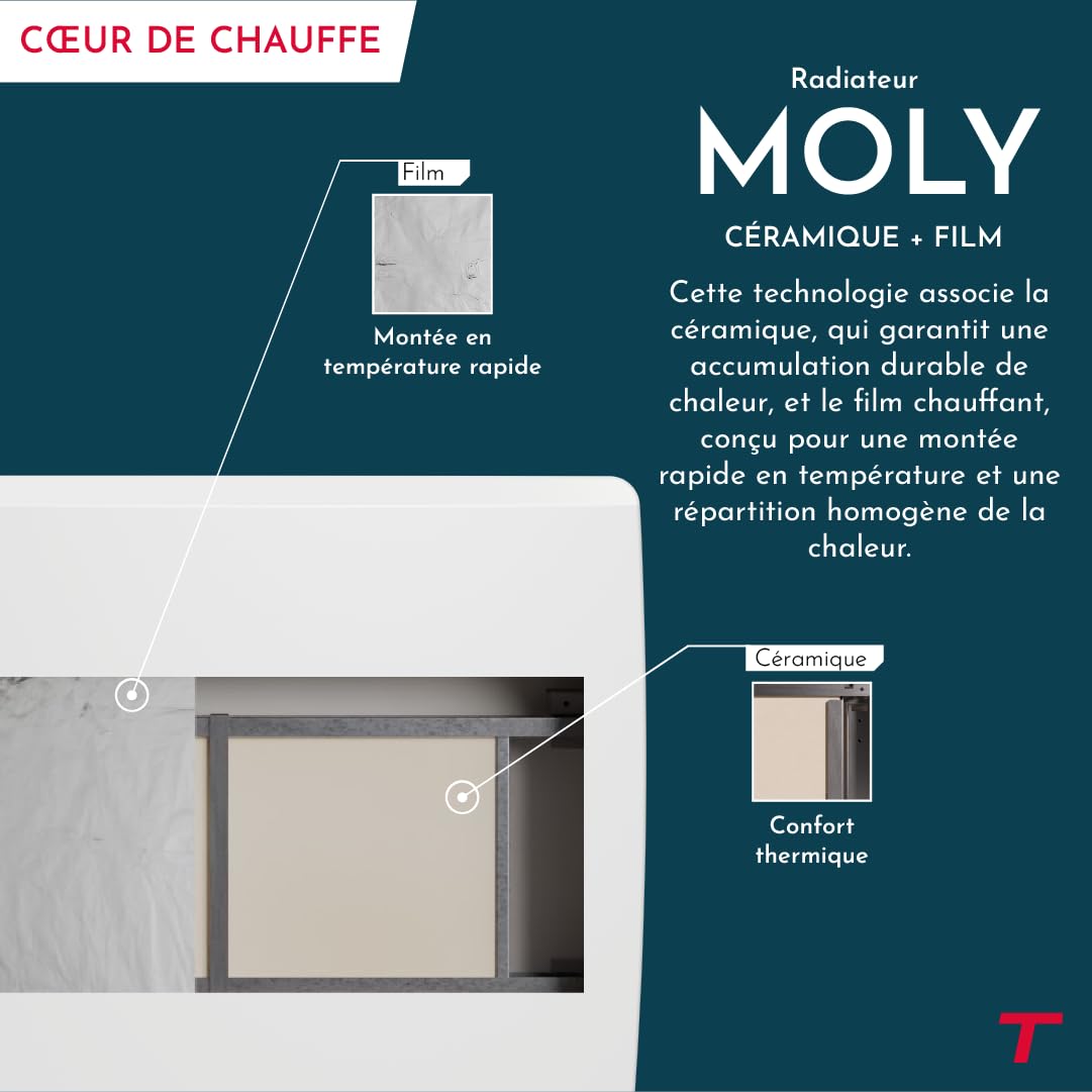 THOMSON - Radiateur électrique fixe connecté WiFi à inertie sèche céramique + film avec thermostat interchangeable 2000W THOMSON MOLY horizontal blanc
