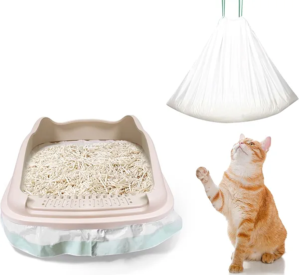Zeling HTL Jumbo Cat Litter Box Liners 40 Ct - Extra Large 37" x 18" Drawstring Litter Pan Liners, 2 Mil Thick Scratch-Resistant, Fits Deep Litter Pans(Pans up to 18") - Leakproof Tear Proof