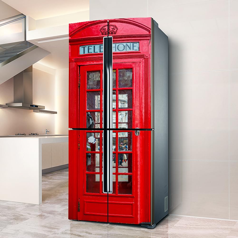 Fridge Stickers, Fridge Sticker Full Covering Door Covers Skins Wall Stickers for Kitchen Decal, Retro red Telephone Booth London(L: 100x180 cm)