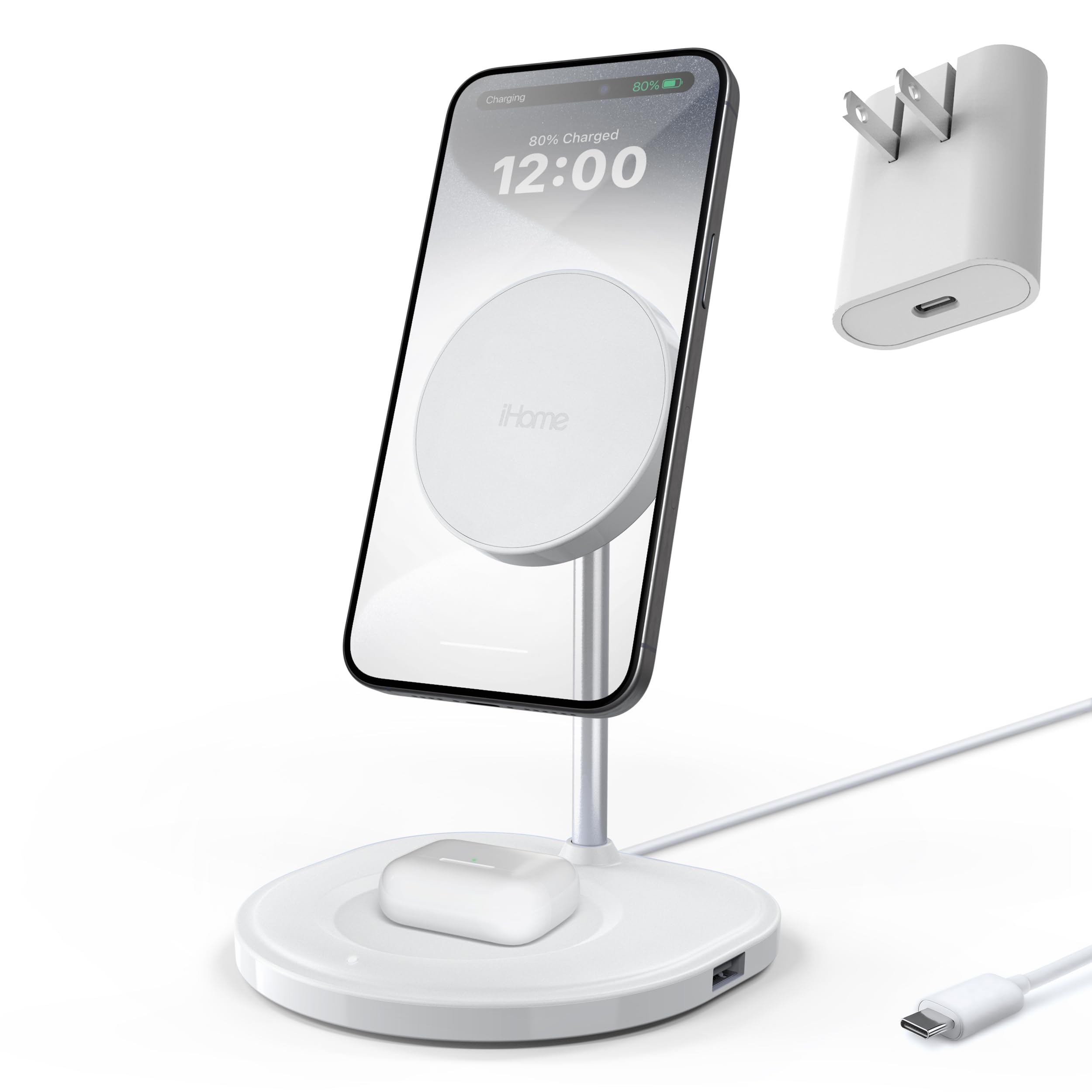 iHome Magnetic Charging Stand, 15W Wireless Charger for iPhone, Apple Watch & AirPods (3-in-1)