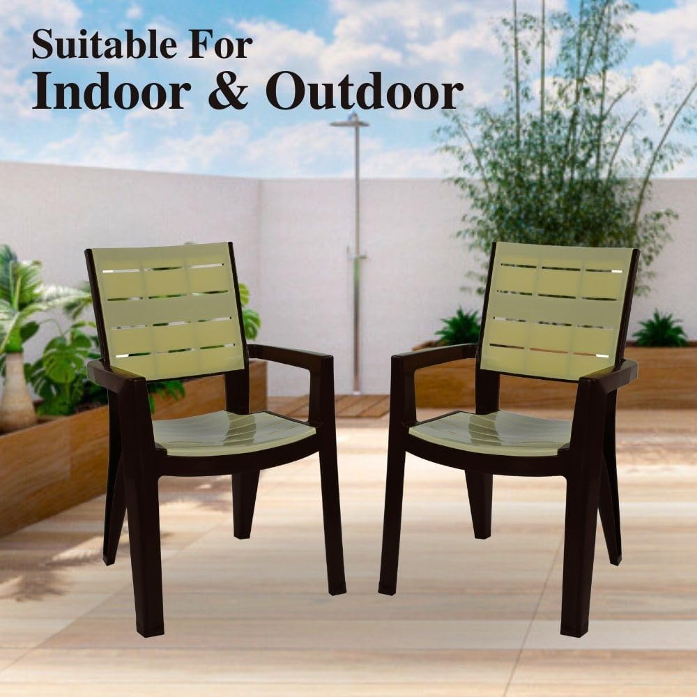 ITALICA Designer Series Comfortable Plastic Arm Chair/Double Insert Stackable Chair for Home, Office/Plastic Chair/Sturdy & Durable Chair/Indoor and Outdoor (Olive Brown & Ivory, Set of 2) 4