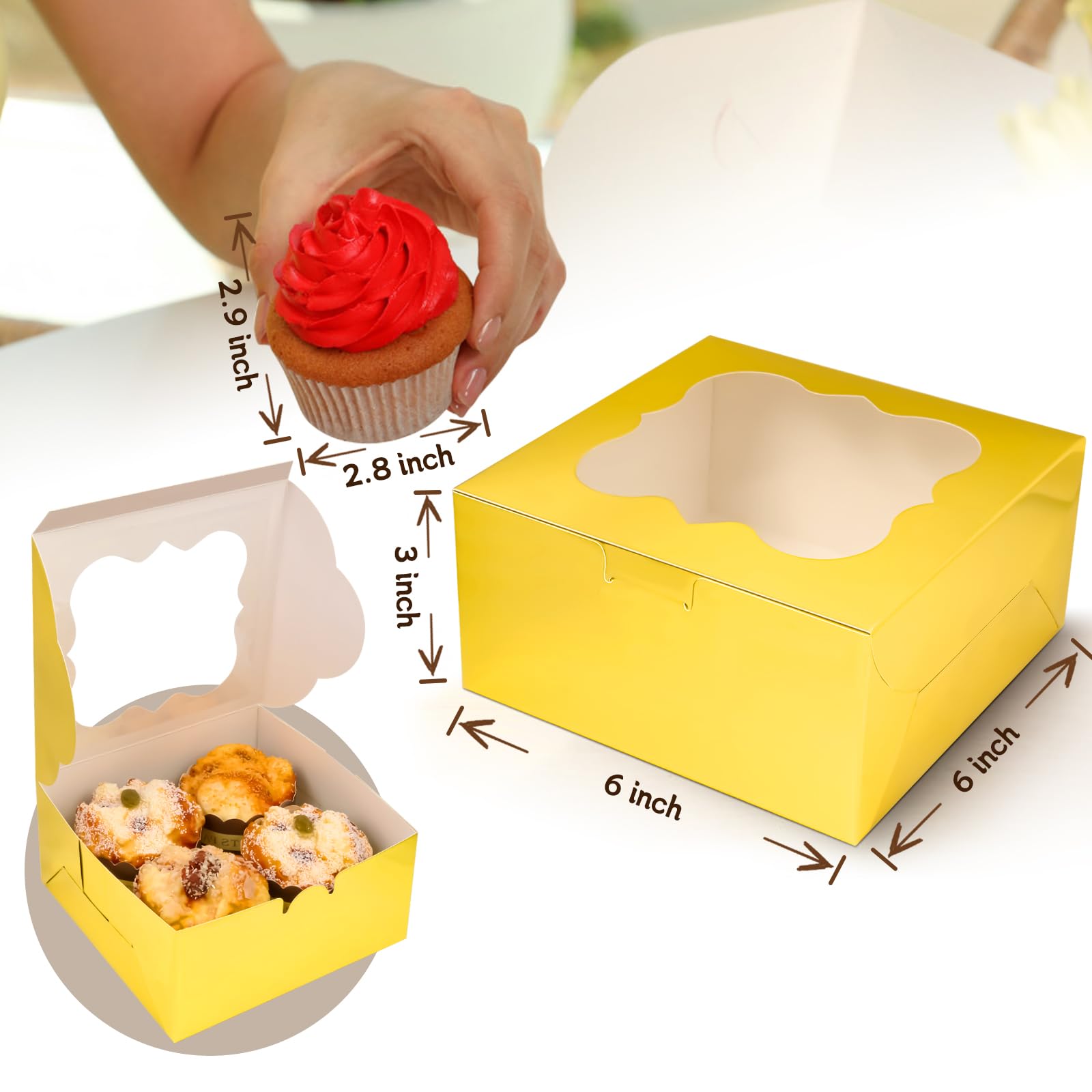 KPOSIYA 65 cajas de panadería con ventana de 6 x 6 x 3 pulgadas, 5 cajas de galletas pequeñas para dulces, postres, pasteles, donas, fiesta de cumpleaños, boda (dorado)