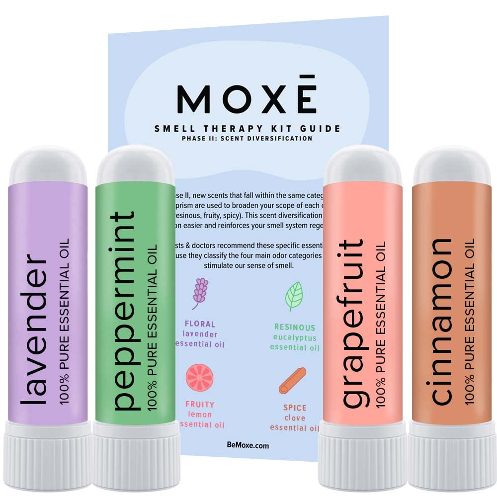 MOXĒ Smell Training Kit, Made in USA, Scent Diversification, 4 Essential Oil Fragrances, Olfactory Regeneration, Smell Expansion, Natural Therapy for Smell Loss, Includes Guidebook & Log (Phase 2)