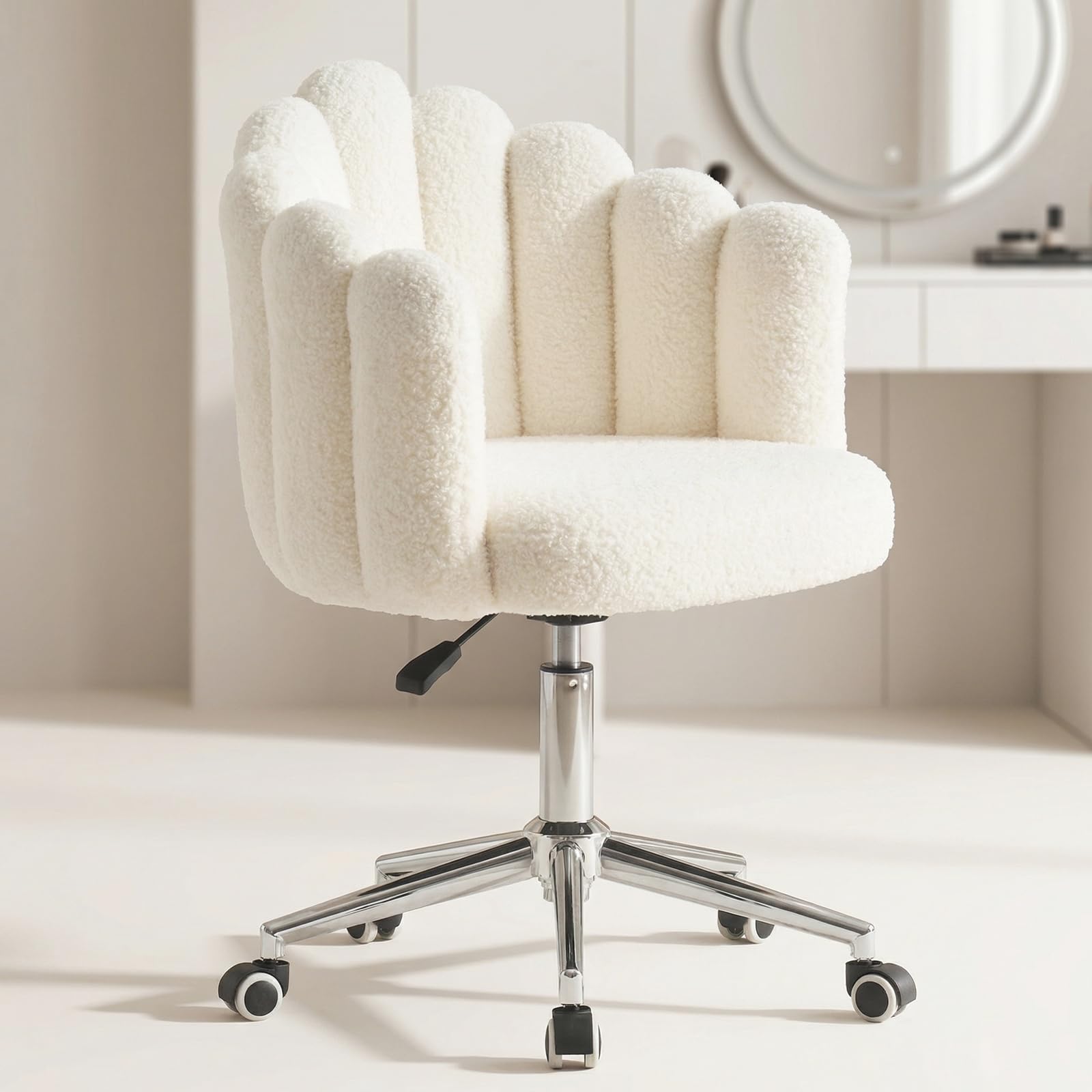 JMYXF Vanity Chair 360° Swivel Desk Office Chair Height Adjustable Makeup Dressing Table Chair for Home Office Bedroom Swivel Chair Teddy Fleece Modern Home Chair (Seashell White)