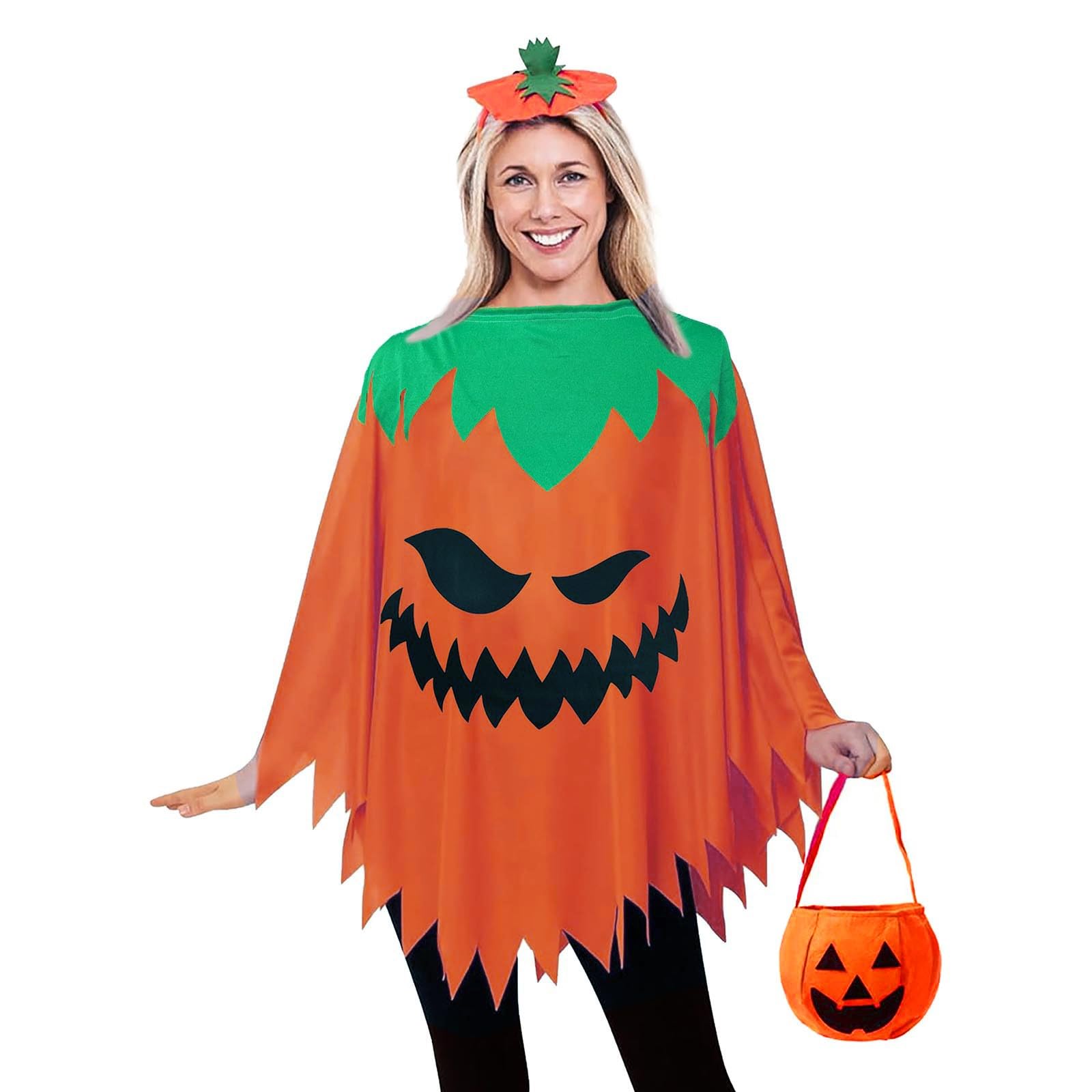 3PCS Pumpkin Costume Accessories, Glow in The Dark Halloween Pumpkin Poncho Costume with Candy Bag Headband for Adults Woman Men Cosplay Dress Up