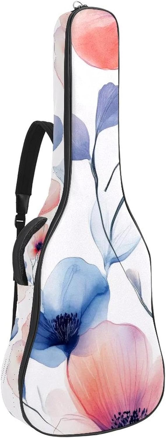 Watercolor Flowers Floral Pattern Acoustic Guitar Gig Bag, 1 cm Thick Padding Waterproof Guitar Bag Backpack for 40 41 42 Inch Electric Bass Classical Guitars