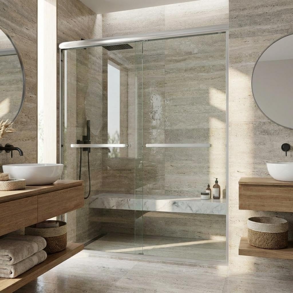 44-48" W x 72" H Fully Framed Sliding Shower Door, Dual 5/16" (8mm) Tempered Glass with Easy-Clean Coating, Brushed Nickel Aluminum Frame &amp; Square Track, Bypass Space-Saver for Bathroom