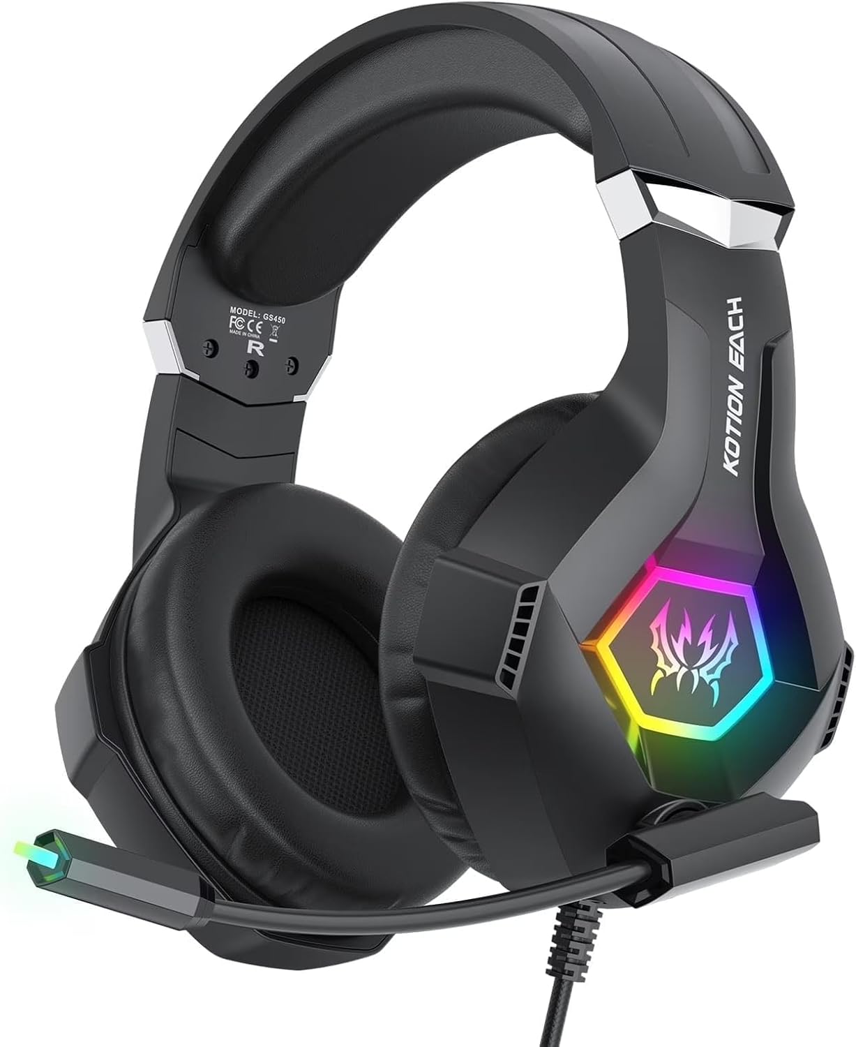 GS450 Gaming Headset for PS5, PS4, Switch, Xbox One, PC, RGB Light, Noise Canceling Mic, Surround Sound, Black