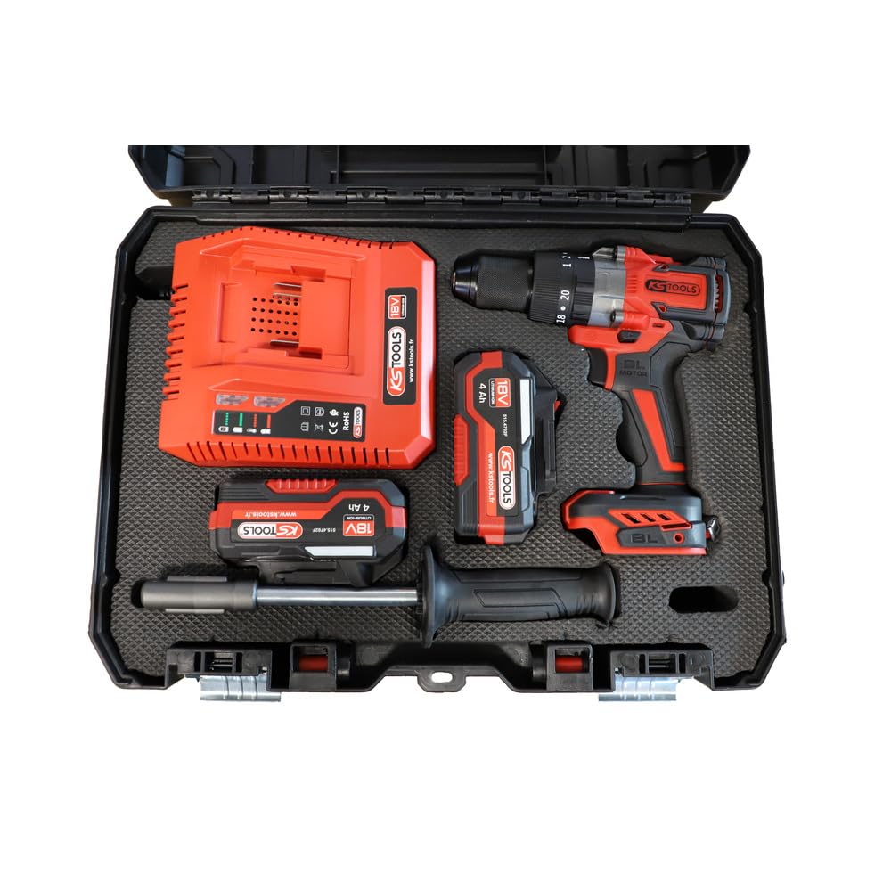 KS Tools - 515.4730F - Akumulatorowa wiertarko-wkrętarka - Akumulatorowa wiertarko-wkrętarka bezszczotkowa - Moc 18 V - 1,6 kg bez baterii - Dostawa w pudełku z 2 bateriami 4Ah