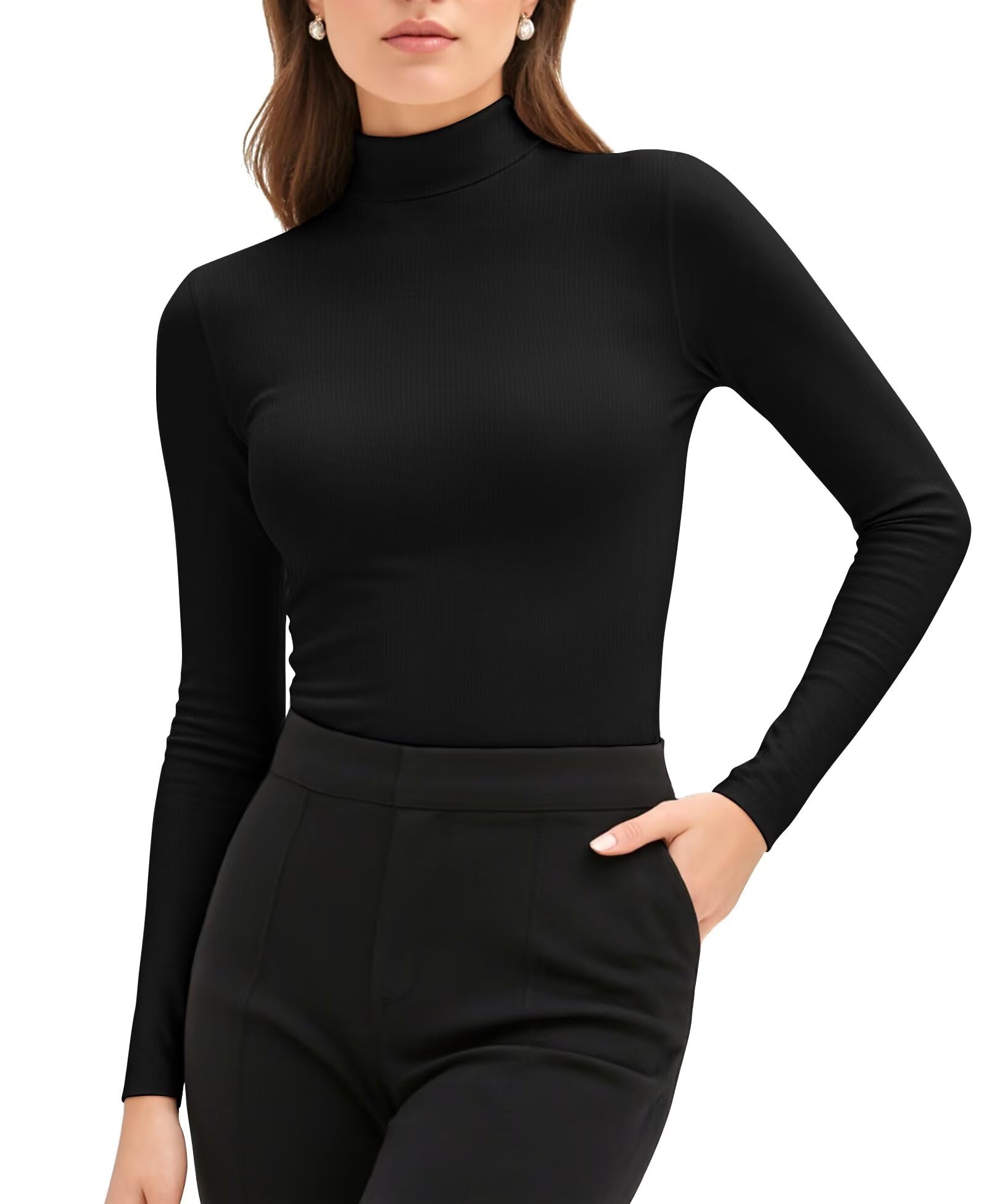 YumiDayWomen's Mock Neck Tops Ribbed, Long Sleeve Shirt Slim Fitted, Mock Turtleneck Base Layer
