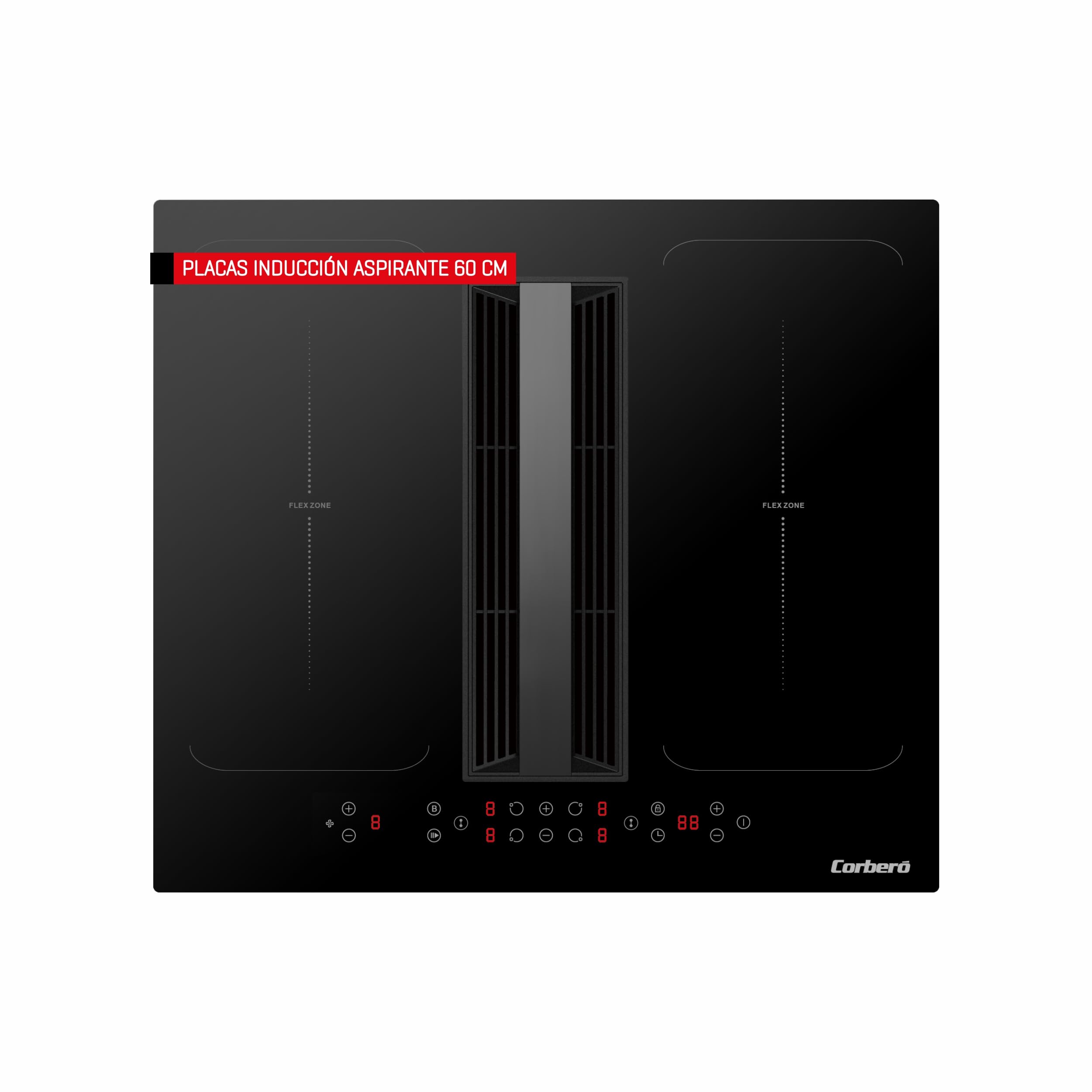 Corberó - Placa Inducción Flexi | 4 Fuegos | 7000 W | Touch Control | Boosters y Temporizador | Campana Integrada | 5 Niveles Extracción 500 m³/h | Presión 600 m³/h | Sistema Plasma+ y Luz UVC | Negro