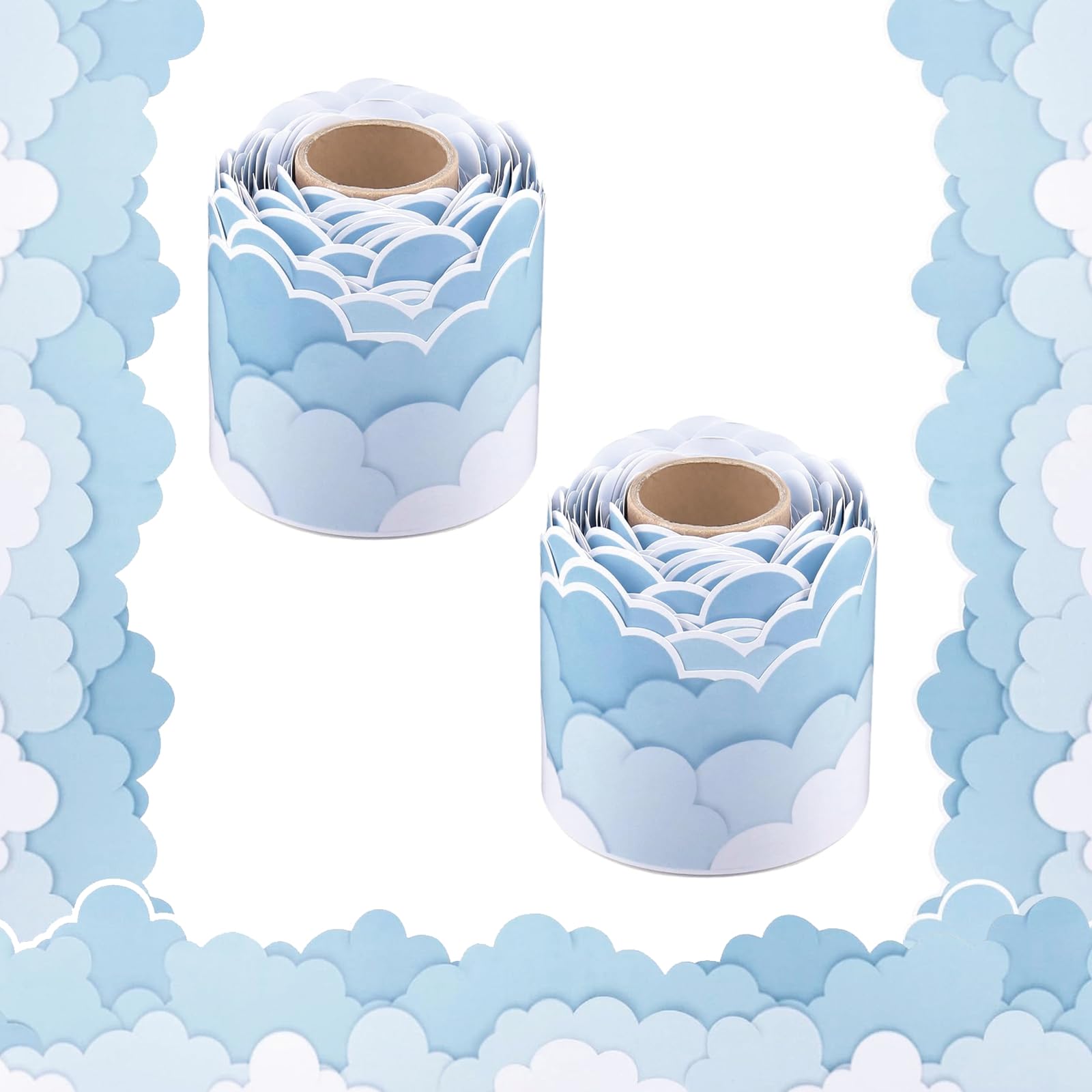 DXPETA 2 Rolls Bulletin Board Borders, Cloud Display Wallpaper Border Self Adhesive, Classroom Office Party Decorative Display Border, 65.61 ft (Blue)