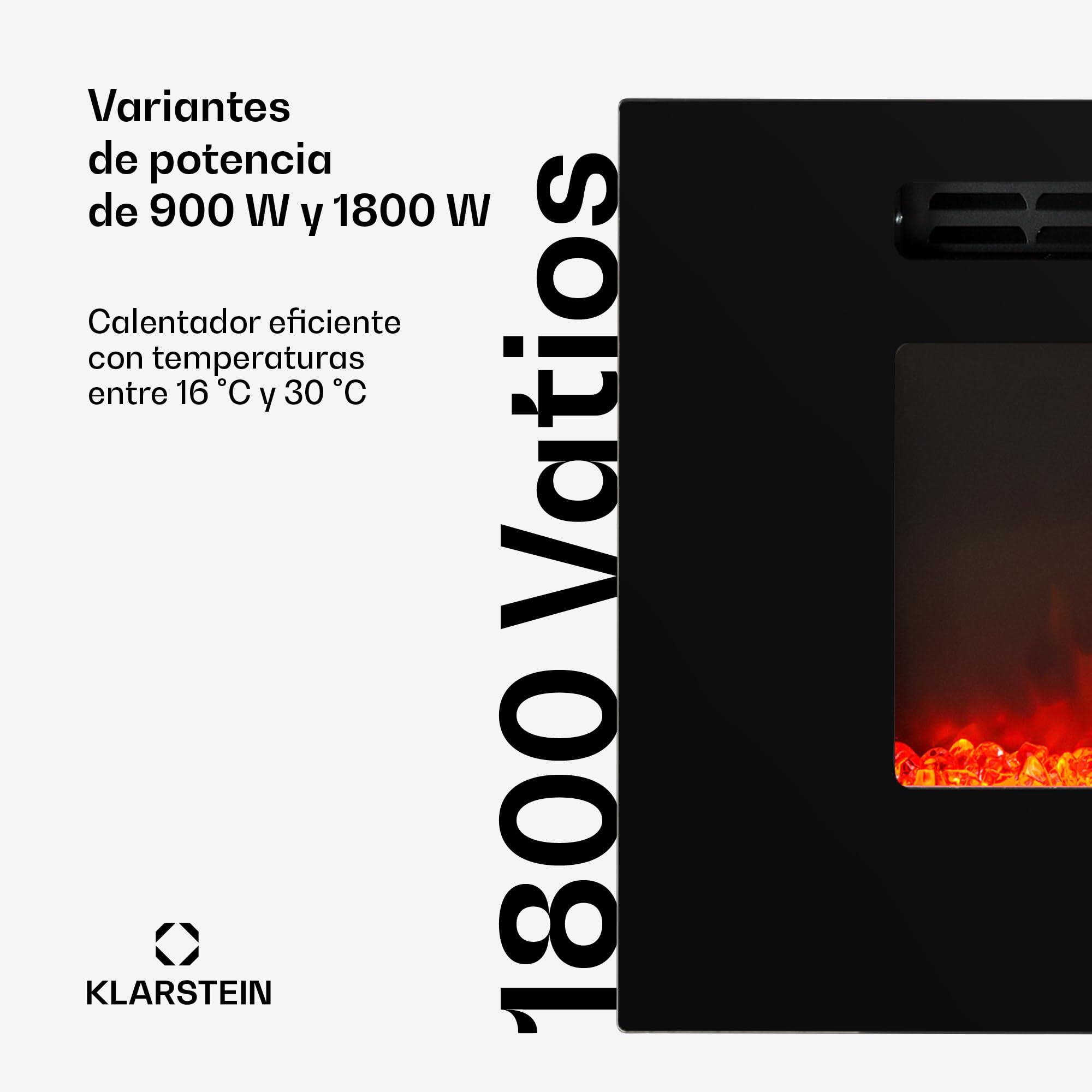 Klarstein Chimenea Electrica Pared, Estufa sin Leña de Interior, Chimeneas Electricas Decorativas 1800W, Llama LED, Chimenea Decorativa Falsa, Mando a Distancia, Temporizador y Termostato Ajustable