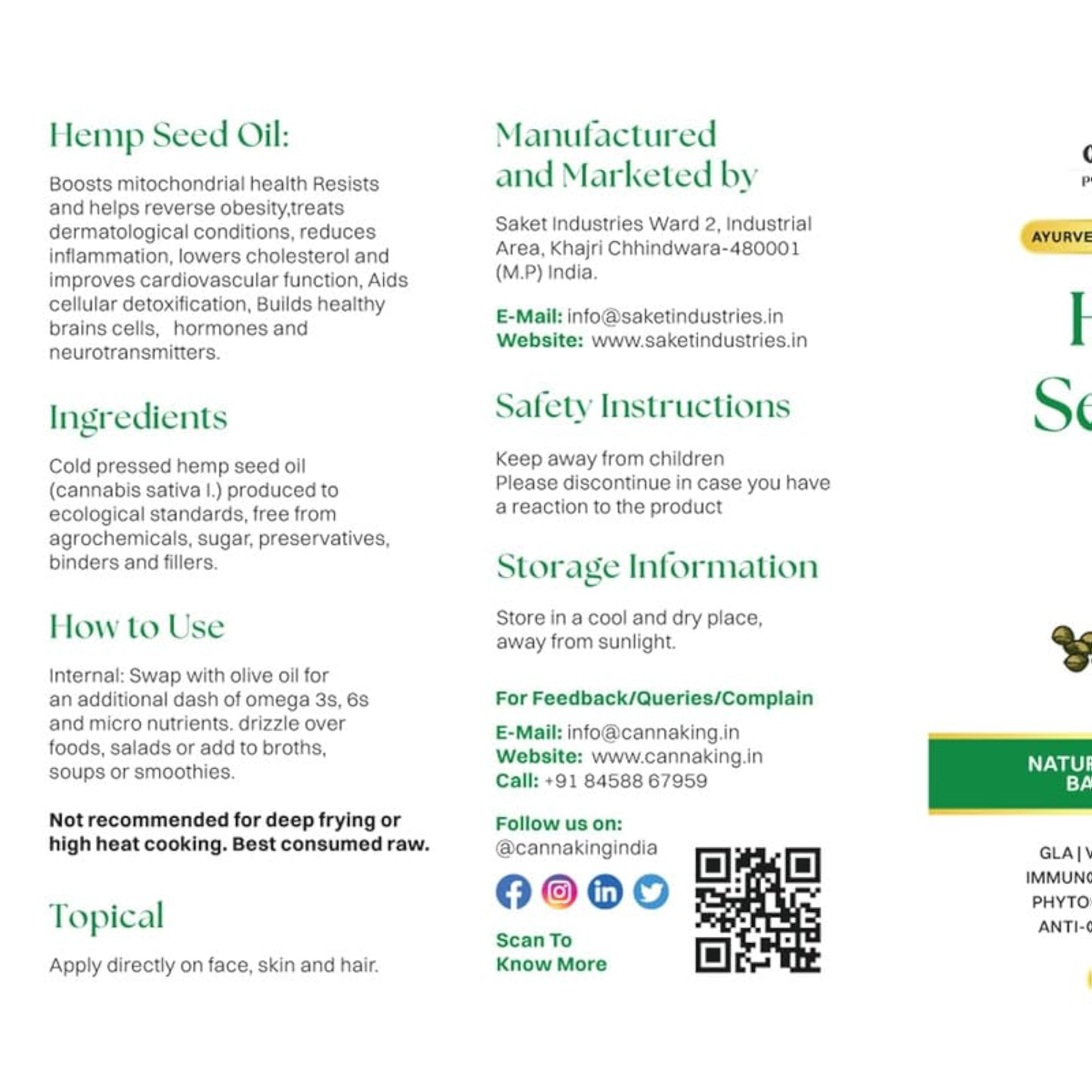 Hemp Seed Oil Organic Pure Cold-Pressed for Hair Growth