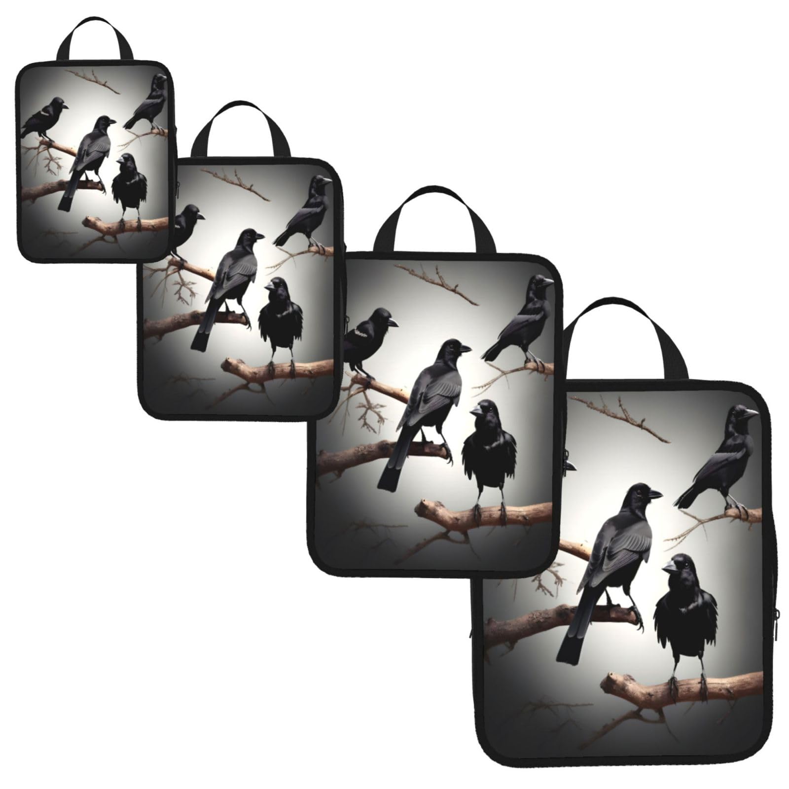 Black Crow Birds on a branch Print 4 Set Compression Packing Cubes for Suitcases,Expandable Storage Bags Organizers