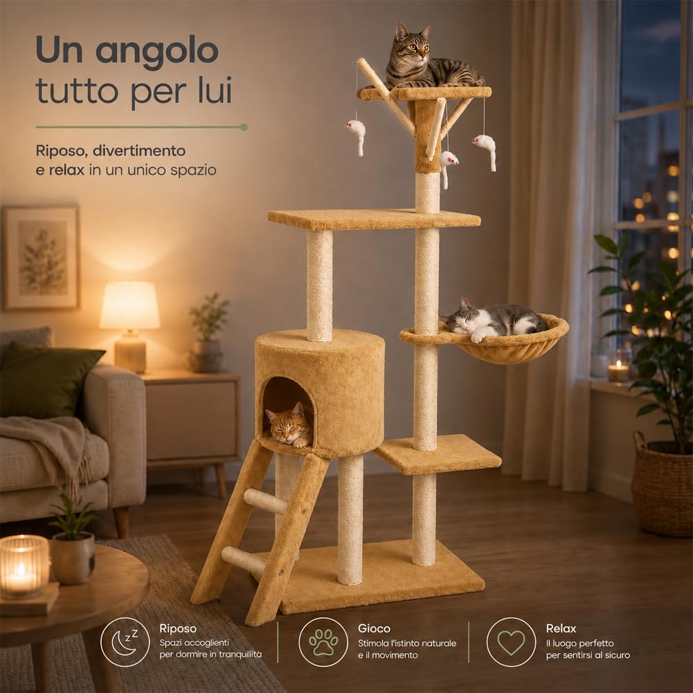 BAKAJI Rascador para Gatos, árbol de sisal, Parque de Juegos, para Gatos, rascador de Columna, Altura 144 cm (Beige)