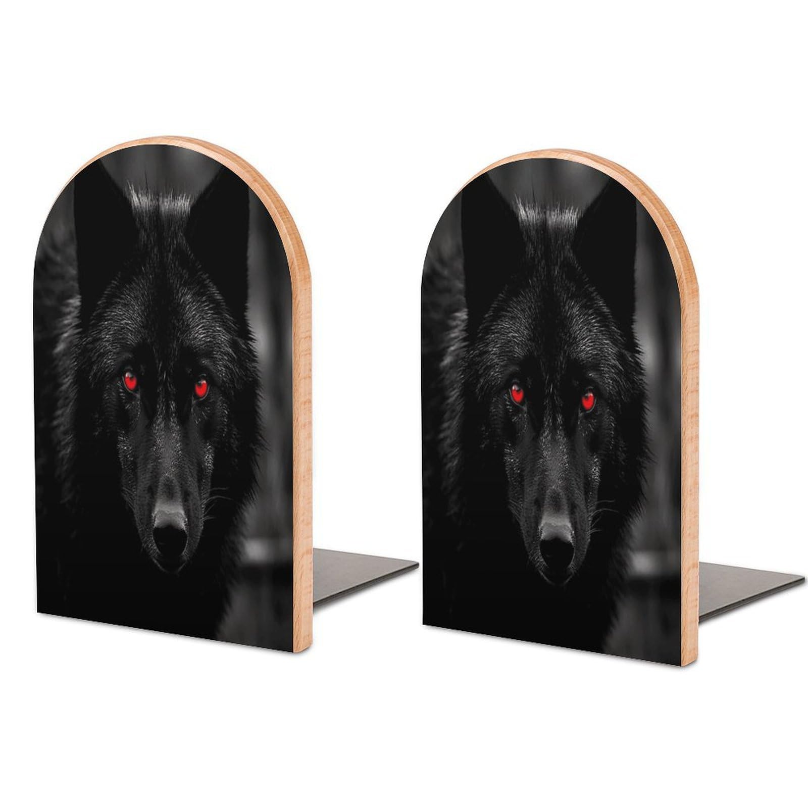 Black Red Eyed Wolf Bookend Wood Book End for Shelves Heavy Duty Non-Slip Wooden Bookend Support Universal Economy Bookends Fancy Modern Decorative Book Accessories 1 Pairs