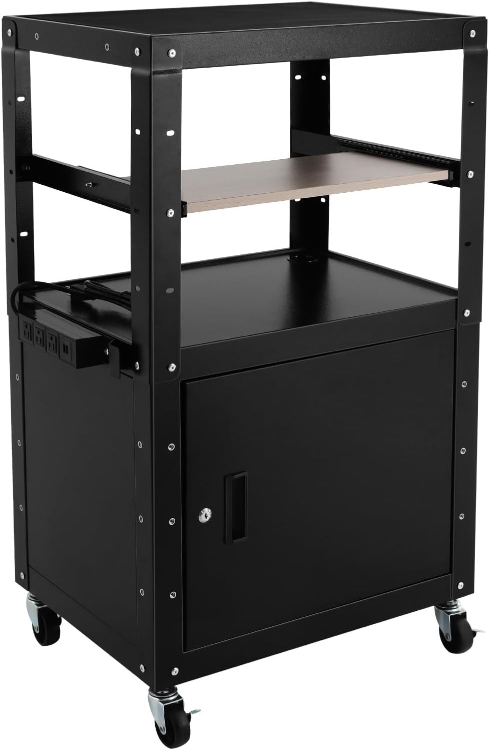 AV Cart with Extra Storage, Adjustable Height Steel Large Media Presentation Cart Rolling Metal Storage Stand with Locking Cabinet, Pullout Tray, Power Strip, for Computer Laptop Projector Printer