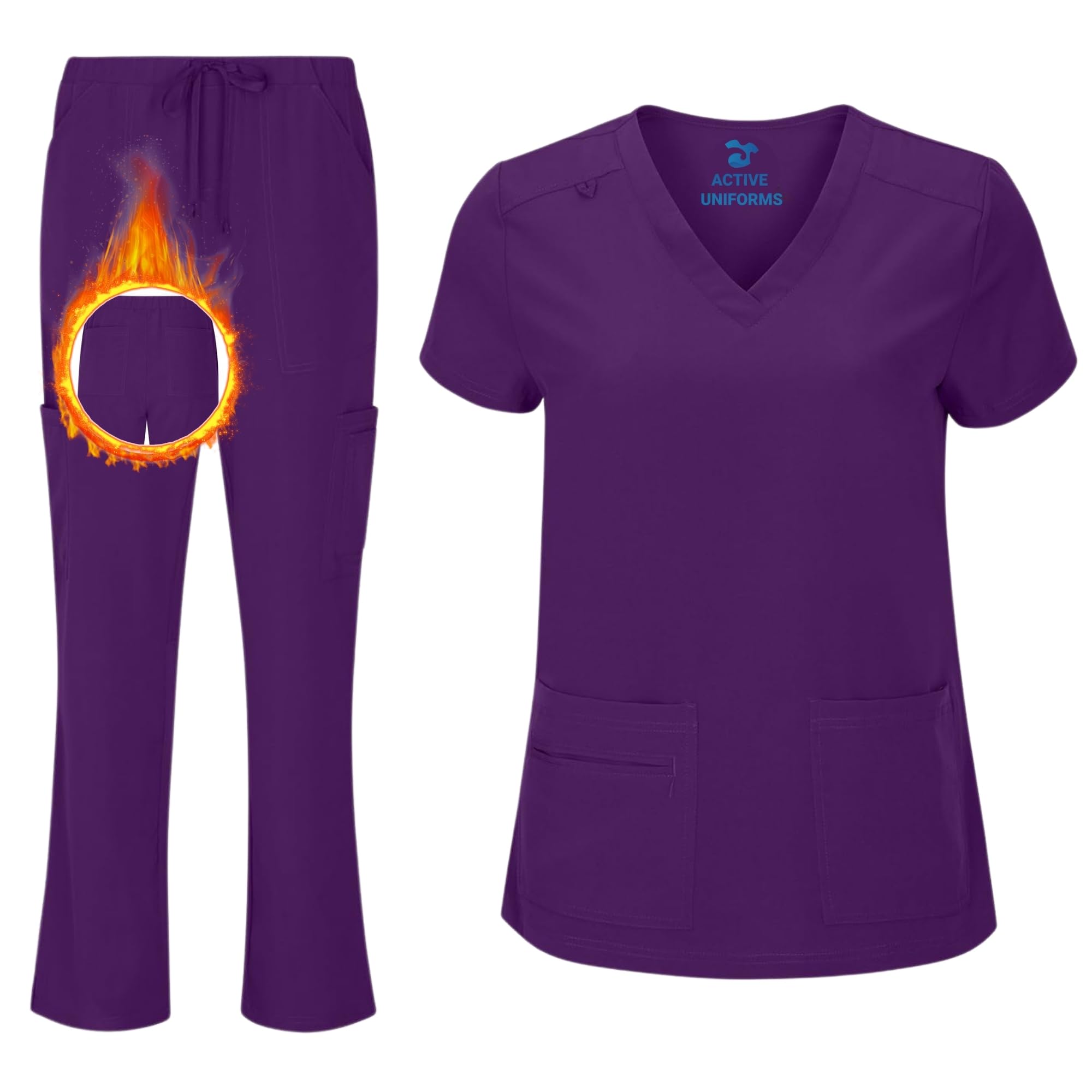 ACTIVE UNIFORMS Women's Cool Stretch V-Neck Top and Cargo Pant Scrub Set with Regular and Petite Sizes (Eggplant, Medium)