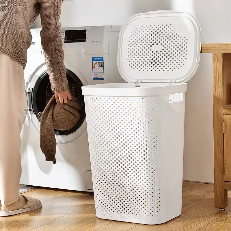GKEVER White Plastic Laundry Basket, Hamper with Ventilated Design, Laundry Box Style Storage Container, Laundry Hamper with Lid and Handle (L)