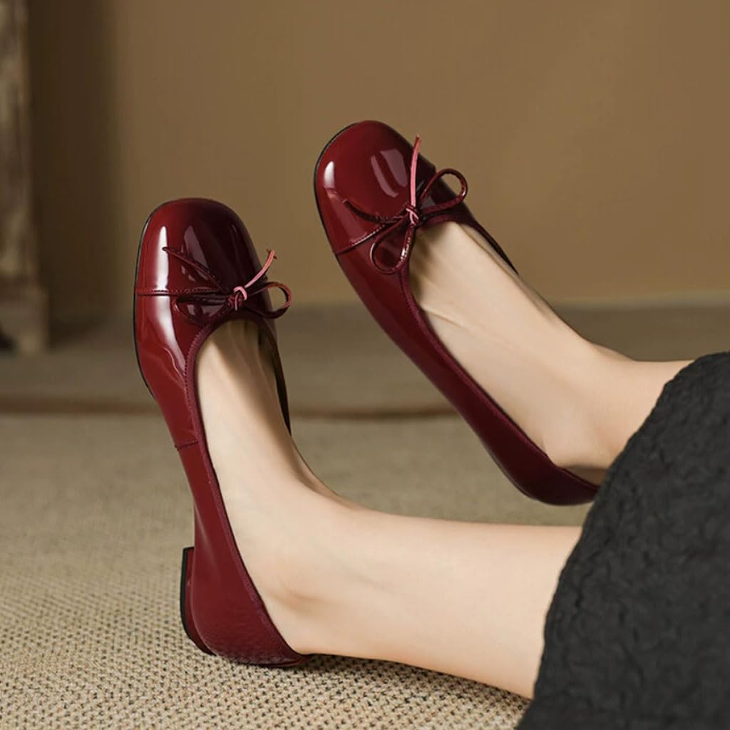 Ballerine da Donna in Pelle Lucida retrò con Fiocco, Scarpe Slip on morbide con Tacco a Blocco e Suola Antiscivolo, Sandali alla Moda e Comodi per Ufficio, Tempo Libero