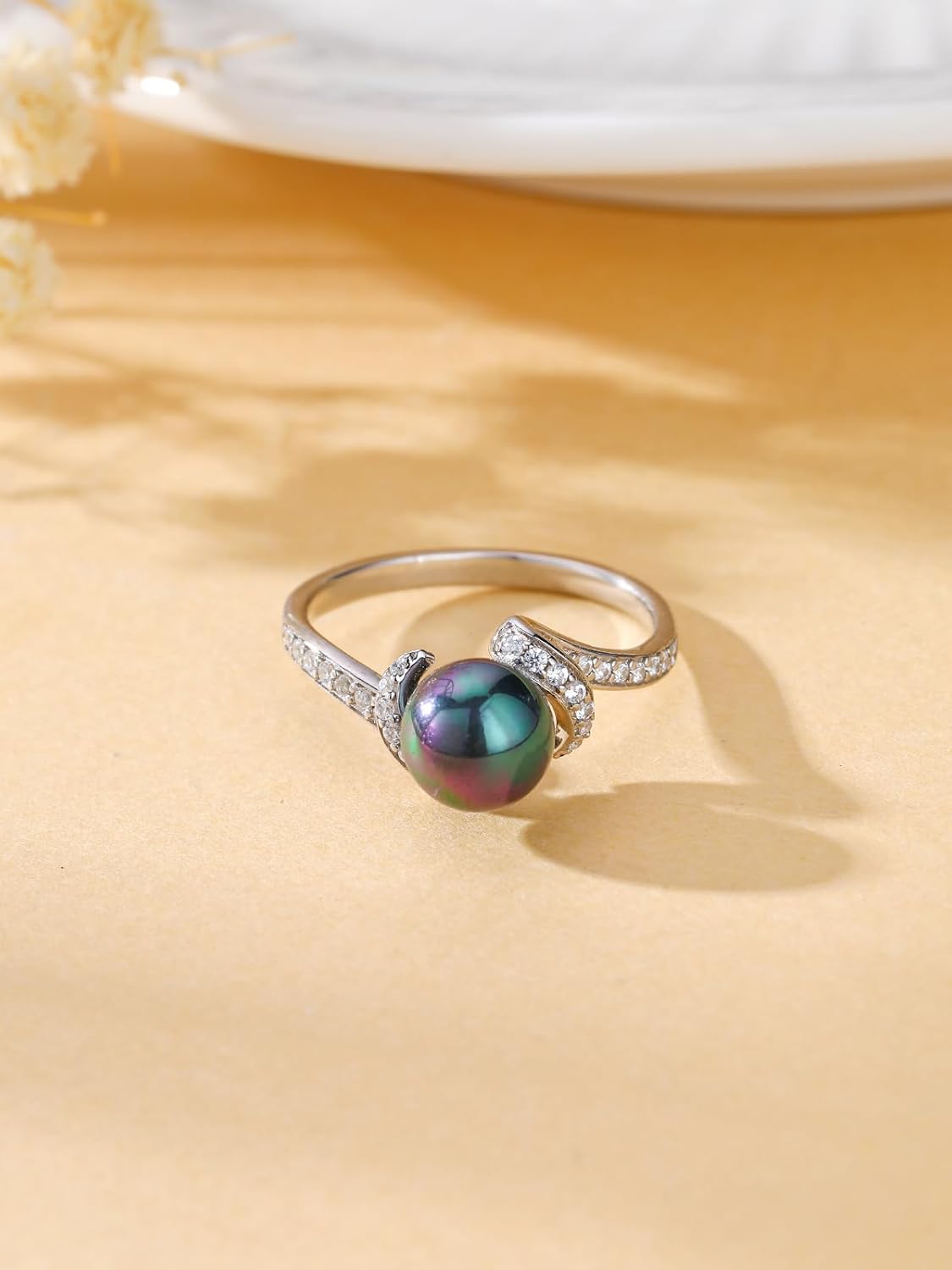 Freshwater Black Pearl Ring for Women 18K White Gold Plated Sterling Silver 8-10mm AAAA Engagement Wedding Jewelry Anniversary Wedding Birthday Gifts for Mom Mother Wife - Image 3